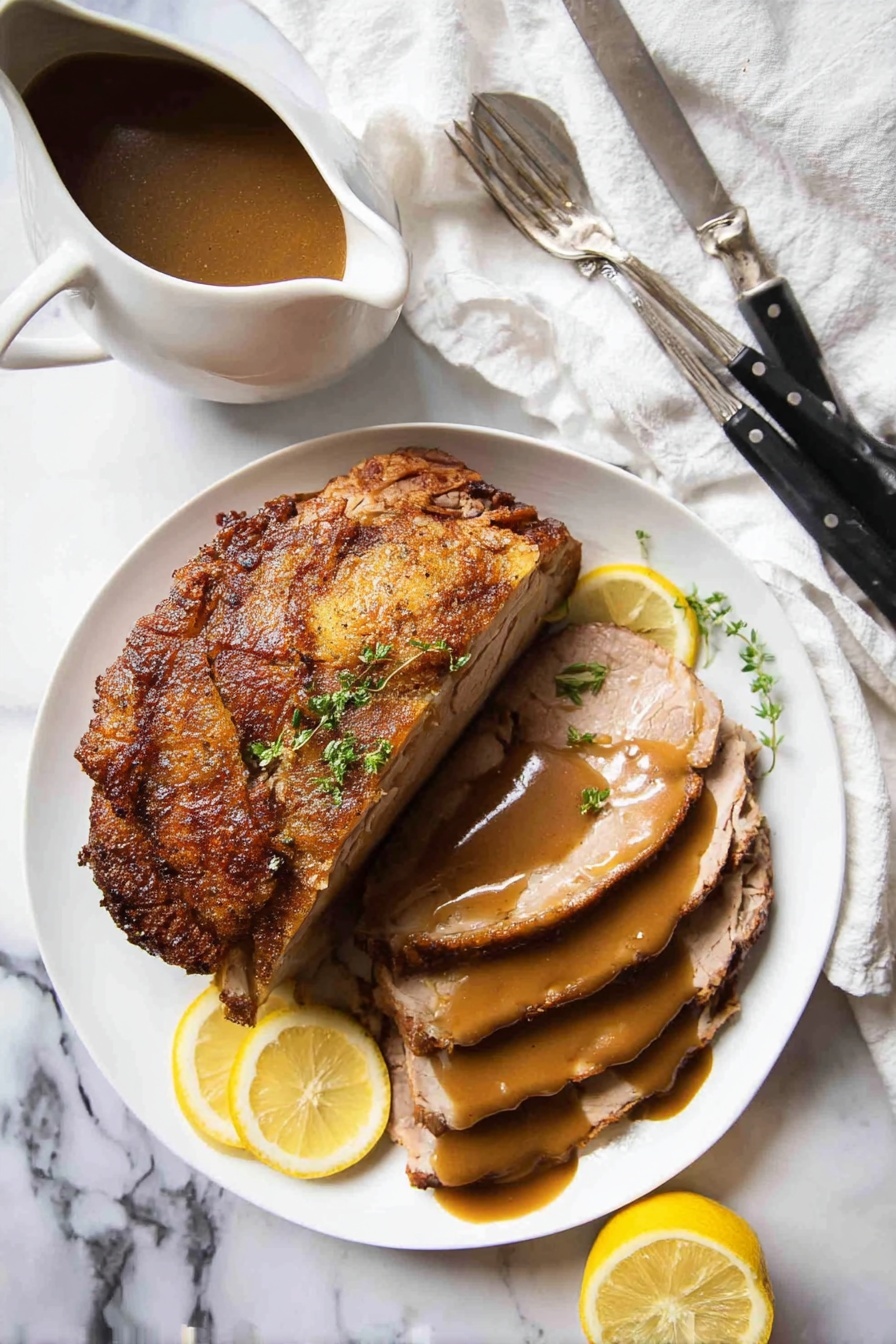 Juicy Slow Cooker Turkey Breast Recipe 6 A white plate holds several thin slices of light brown cooked meat laid in a slightly overlapping fashion. A thick, smooth medium brown sauce is being poured from above onto the meat, creating a small pool on top. Behind the sliced meat is a larger, vertical piece of the same meat showing its light interior and browned crust on top. To the back left on the plate, two small wedges of bright yellow lemon add a fresh touch. The plate sits on a white marbled surface with a soft, white cloth slightly visible in the background. photo taken with an iphone --ar 2:3 --v 7 - Juicy Slow Cooker Turkey Breast, slow cooker turkey, moist turkey breast, easy turkey dinner, tender turkey recipes