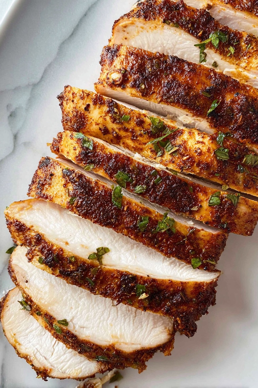 Slow Cooker Turkey Breast Recipe 8 The image shows a close-up of seven slices of cooked chicken arranged side by side on a white marbled surface. Each slice has a golden-brown, crispy outer layer with a slightly charred texture, while the inside is tender and white. Small green herb bits are sprinkled over the chicken, adding a fresh touch of color. The slices are evenly cut and slightly separated, showing the juicy interior clearly. Photo taken with an iphone --ar 2:3 --v 7 - Slow Cooker Turkey Breast, turkey breast recipe, easy turkey dinner, tender turkey roast, effortless turkey cooking