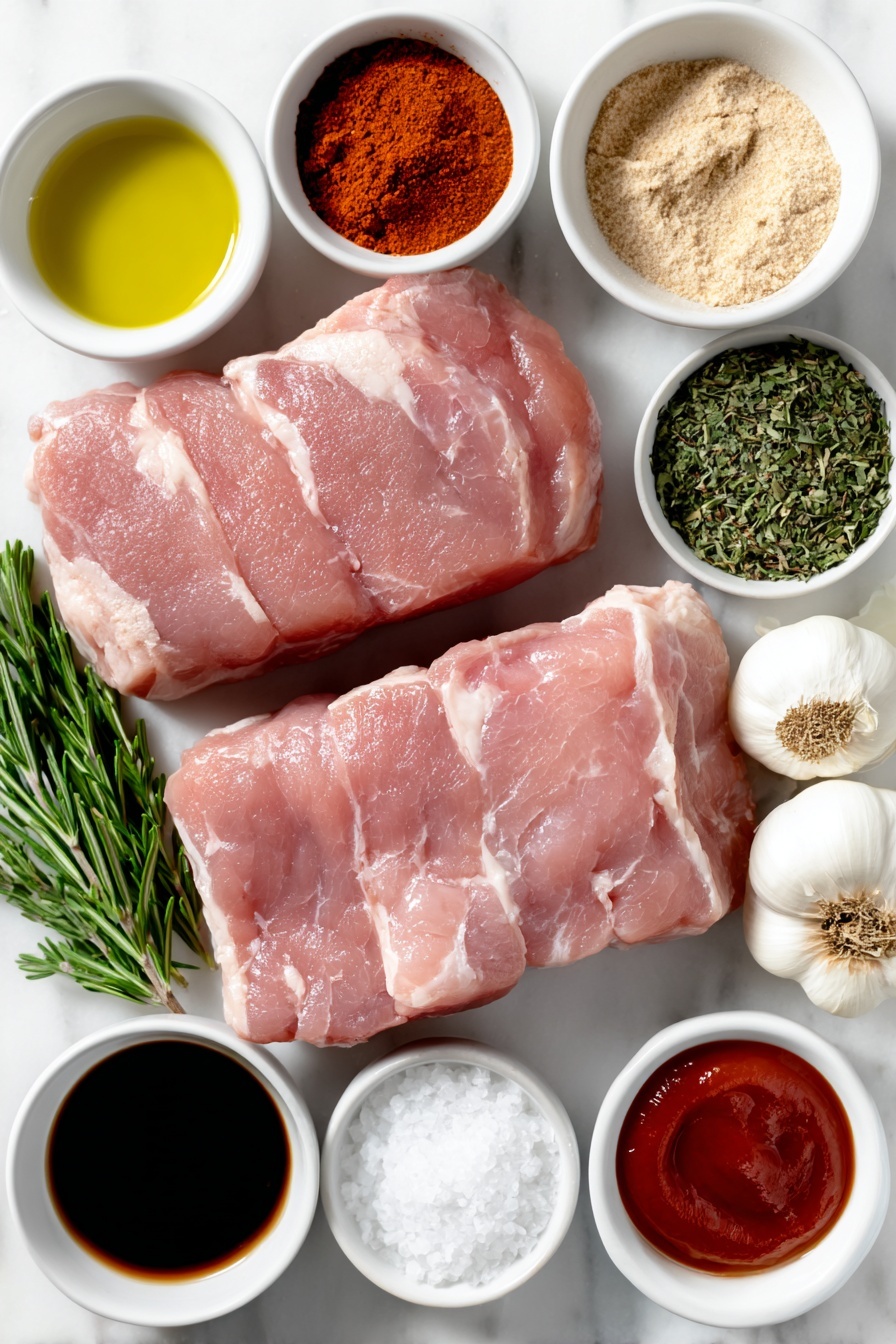 Honey Sriracha Pork Tenderloin Roast Recipe 7 Flat lay of two raw pork tenderloins with smooth pinkish meat and a thin layer of fat, a small white bowl of golden olive oil, a small white bowl filled with bright red-orange paprika powder, a small white bowl containing pale beige garlic powder, a small white bowl holding light tan onion powder, a small white bowl of dried green thyme leaves, a small white bowl of dried rosemary sprigs, a small white bowl of coarse salt crystals, a small white bowl of freshly ground black pepper, four fresh garlic cloves with papery white skin, a small white bowl of amber honey, a small white bowl of vibrant red Sriracha sauce, a small white bowl of dark brown soy sauce, a small white bowl of smooth pale yellow Dijon mustard, all arranged symmetrically on a clean white marble surface, soft natural light, photo taken with an iPhone, professional food photography style, fresh ingredients, white ceramic bowls, no bottles, no duplicates, no utensils, no packaging --ar 2:3 --v 7 --p m7354615311229779997 - Honey Sriracha Pork Tenderloin Roast, spicy pork roast recipe, honey glazed pork, tender pork tenderloin, easy flavorful pork dinner