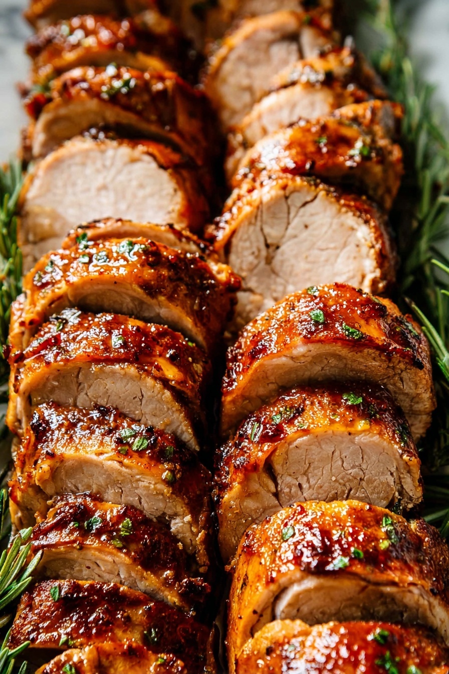 Honey Sriracha Pork Tenderloin Roast Recipe 8 The image shows several rows of thick, round slices of roasted meat, with a golden-brown, slightly crispy outer layer and a juicy light brown inside. Each slice has small green herb bits sprinkled on top, giving a fresh look. The slices are tightly arranged in two parallel lines on a bed of green rosemary sprigs, adding a natural touch. The white marbled background highlights the rich, warm colors of the meat and herbs. photo taken with an iphone --ar 2:3 --v 7 - Honey Sriracha Pork Tenderloin Roast, spicy pork roast recipe, honey glazed pork, tender pork tenderloin, easy flavorful pork dinner