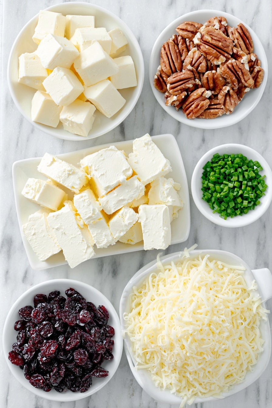 Cranberry Pecan Cheese Log Recipe 7 Flat lay of full fat cream cheese in a small white ceramic bowl, roughly diced dried cranberries scattered neatly, roughly chopped pecans arranged in a small white ceramic bowl, finely diced fresh green chives in a small white ceramic bowl, grated mature sharp cheddar cheese piled in a small white ceramic bowl, all ingredients displayed with perfect symmetry on a clean white marble surface, soft natural light, photo taken with an iPhone, professional food photography style, fresh ingredients, white ceramic bowls, no bottles, no duplicates, no utensils, no packaging --ar 2:3 --v 7 --p m7354615311229779997 - Cranberry Pecan Cheese Log, holiday cheese appetizer, festive cheese ball, quick cheese log recipe, easy party appetizers