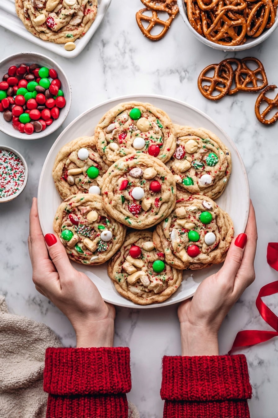 Christmas Kitchen Sink Cookies Recipe 8 A white plate filled with about ten round cookies, each cookie featuring a mix of red and green candy-coated chocolates, white chocolate chips, red and green sprinkles, and small pieces of pretzels embedded in the golden-brown dough. The cookies overlap slightly, showing a textured surface with colorful bits all around. A woman's hands wearing a red sweater with red nail polish hold the plate on both sides. Around the plate, on a white marbled surface, there are a few loose pretzels and three small white bowls—one filled with brown pretzels, another with red and green candy-coated chocolates, and the last with white chocolate chips. A red ribbon lies near the woman's right wrist. photo taken with an iphone --ar 2:3 --v 7 - Christmas Kitchen Sink Cookies, festive cookie recipes, holiday dessert ideas, colorful holiday cookies, easy Christmas treats