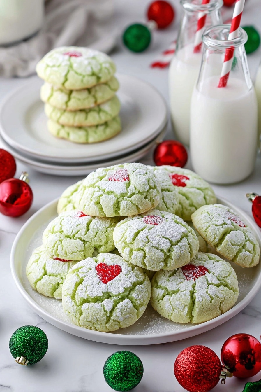 Grinch Peppermint Cookies Recipe 8 The image shows a large white plate full of light green cookies with cracked surfaces dusted with white powdered sugar. Each cookie has a tiny red heart decoration in the center. Behind the main plate, there is a white plate with more cookies stacked on it. The scene is set on a white marbled surface scattered with red and green Christmas ornaments and red-striped straws. Two glass bottles of milk with red-striped straws are visible in the background, adding to the festive look. Photo taken with an iphone --ar 2:3 --v 7 - Grinch Peppermint Cookies, festive holiday cookies, minty Christmas cookies, green holiday treats, easy peppermint cookies