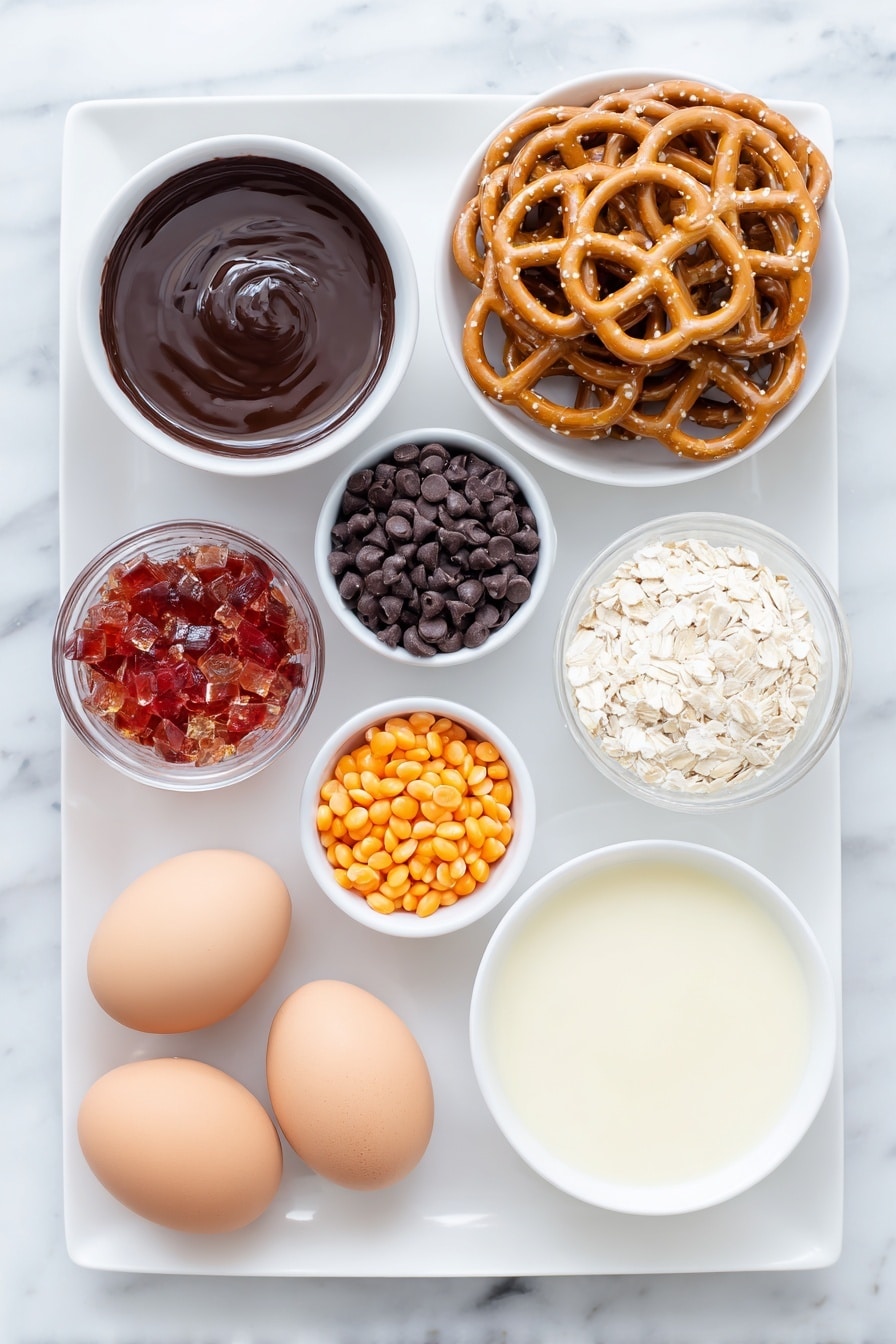Frosty Snowman Pretzels with Candy Clay Recipe 7 Flat lay of a small bowl of smooth red candy melts, a few glossy fruit roll strips in red and orange hues, a small bowl of melted white chocolate, a neat stack of golden pretzel rings, a small white bowl filled with tiny dark mini chocolate chips, a small white bowl with bright orange candy-coated sunflower seeds, two whole brown eggs with clean shells, and a fine black food coloring marker pen, all arranged with perfect symmetry on a simple white ceramic plate and bowls, placed on a clean white marble surface, soft natural light, photo taken with an iPhone, professional food photography style, fresh ingredients, white ceramic bowls, no bottles, no duplicates, no utensils, no packaging --ar 2:3 --v 7 --p m7354615311229779997 - Frosty Snowman Pretzels with Candy Clay, snowman pretzel snacks, festive holiday pretzels, easy Christmas treat recipes, cute winter party snacks