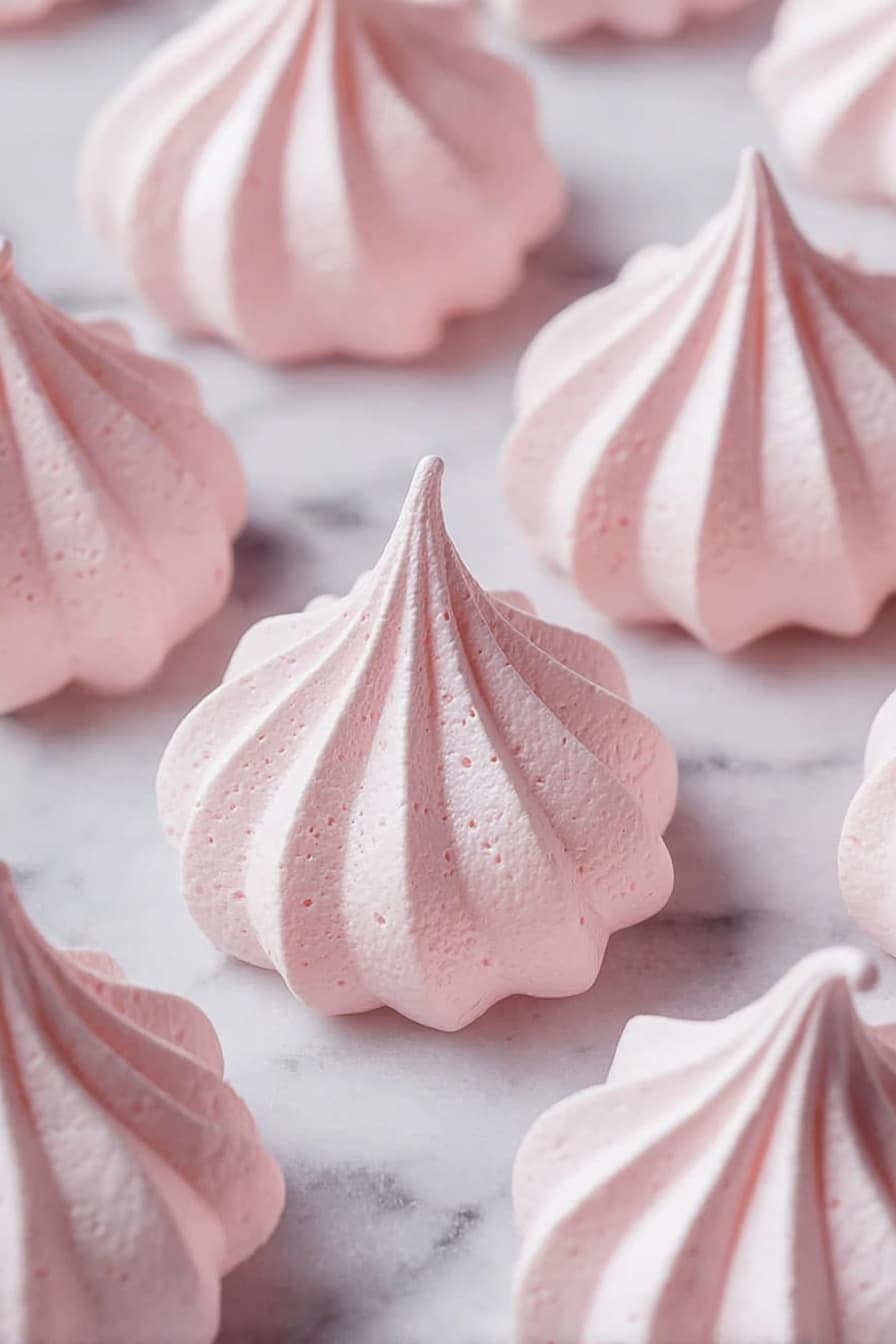 The image shows several small, light pink meringue cookies arranged on a white marbled surface. Each meringue has a swirl shape with a pointed tip at the top, and the texture looks smooth with soft ridges running from the base to the peak. The meringues are evenly spaced, giving a neat and delicate look. The light shines evenly on the cookies, highlighting their soft pastel pink color and smooth, airy texture. photo taken with an iphone --ar 2:3 --v 7 - Homemade Meringue Cookies, Easy Meringue Cookies, Light and Crispy Meringue Bites, Gluten-Free Meringue Treats, Airy Dessert Recipes