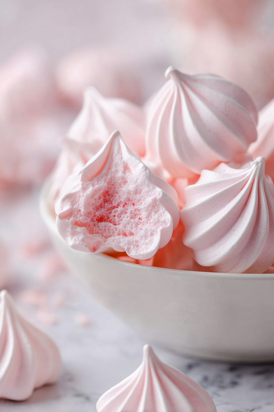 A white bowl filled with several pale pink meringue cookies that have a light, airy texture with swirled, pointed tops; one meringue shows a bite revealing a soft, slightly crumbly inside with a deeper pink hue, while the rest remain whole, smooth, and glossy. The bowl sits on a white marbled surface with more meringues softly blurred in the background, creating a delicate and light atmosphere. photo taken with an iphone --ar 2:3 --v 7 - Homemade Meringue Cookies, Easy Meringue Cookies, Light and Crispy Meringue Bites, Gluten-Free Meringue Treats, Airy Dessert Recipes
