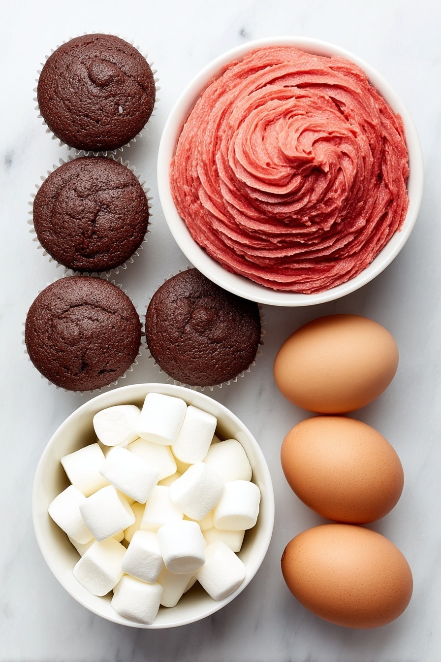 Flat lay of a dozen plain chocolate cupcakes arranged symmetrically, a smooth mound of vibrant red frosting piled high on one, a small white ceramic bowl filled with bright red frosting, a simple white ceramic bowl holding mini marshmallows cut in half showing their fluffy white interior, and two whole uncracked brown eggs, all placed on a clean white marble surface, soft natural light, photo taken with an iPhone, professional food photography style, fresh ingredients, white ceramic bowls, no bottles, no duplicates, no utensils, no packaging --ar 2:3 --v 7 --p m7354615311229779997 - Santa Hat Cupcakes, Christmas cupcake ideas, holiday dessert recipes, festive cupcake decoration, easy Christmas treats