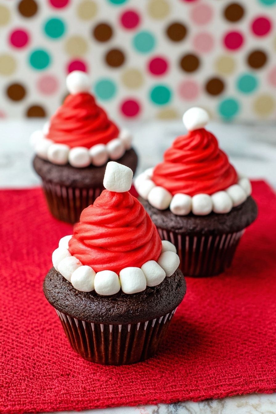 The image shows three chocolate cupcakes placed on a bright red textured cloth. Each cupcake has a base layer of dark brown chocolate cake with a ribbed texture from the cupcake liner. On top, there is a swirl of smooth, bright red frosting shaped like a Santa hat. Surrounding the base of the red frosting are small, white marshmallows forming a ring. Each swirl is finished with a single white marshmallow on the tip to complete the Santa hat look. The background has a white marbled surface with a colorful polka dot pattern in brown, red, pink, green, and yellow. photo taken with an iphone --ar 2:3 --v 7 - Santa Hat Cupcakes, Christmas cupcake ideas, holiday dessert recipes, festive cupcake decoration, easy Christmas treats