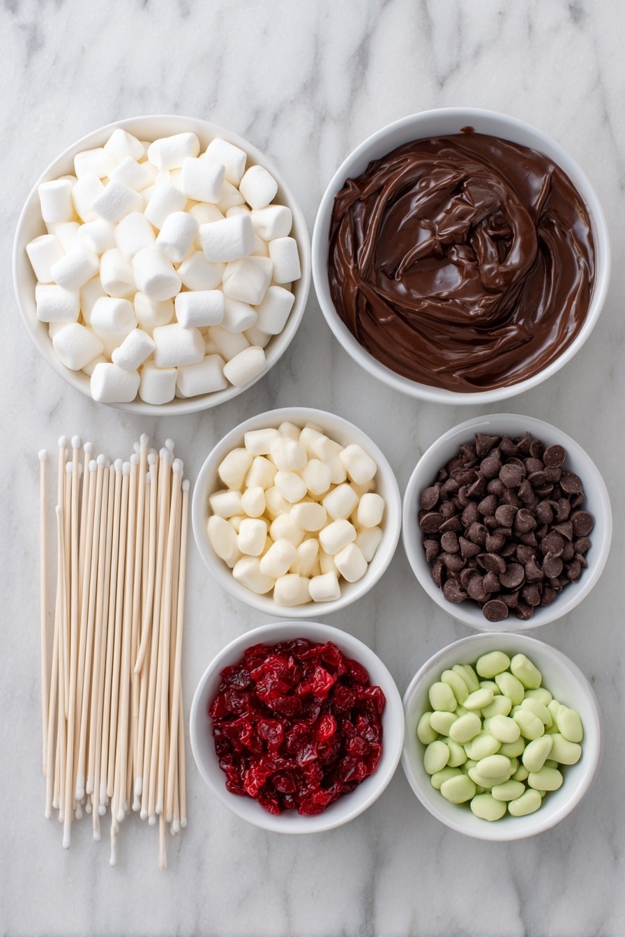 Flat lay of a neat pile of regular sized white marshmallows, a small white ceramic bowl filled with glossy dark brown chocolate melting wafers, three small white ceramic bowls each holding vibrant red, bright white, and fresh green candy melts, and eight plain white lollipop sticks arranged symmetrically around the bowls, all placed on a clean white marble surface, soft natural light, photo taken with an iPhone, professional food photography style, fresh ingredients, white ceramic bowls, no bottles, no duplicates, no utensils, no packaging --ar 2:3 --v 7 --p m7354615311229779997 - Festive Chocolate Marshmallow Pops, Christmas Marshmallow Treats, Holiday Candy Pops, Easy Festive Dessert Ideas, Christmas Party Snacks