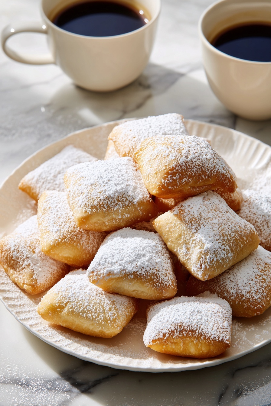 Baked Beignets Recipe 8 A white plate is filled with a pile of small, golden-brown square dough pieces that look soft and fluffy, each generously dusted with white powder sugar on top. The dough pieces are stacked unevenly, creating a three-layered mound in the middle of the plate. The plate sits on a white marbled surface with shadow details, and in the background, two white cups filled with dark coffee are partially visible. The light gives a soft and warm feeling, showing the texture of the dough and sugar clearly. photo taken with an iphone --ar 2:3 --v 7 - Baked Beignets, Easy Beignets Recipe, Healthy Beignets, Beignets with Powdered Sugar, Light Baked Beignets