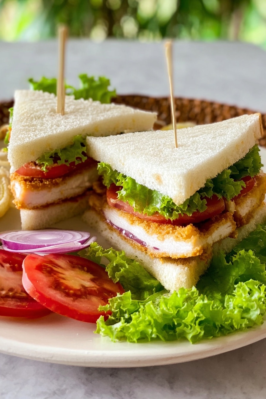 The image shows two triangular sandwiches on a white plate with a white marbled background. Each sandwich has three layers of soft white bread. The bottom layer has fresh bright green lettuce, followed by red tomato slices, then a crispy-looking breaded chicken layer, and the top slice of white bread with a wooden toothpick holding each sandwich together. Around the sandwiches, there are fresh green leafy lettuce leaves, slices of red tomato, and thin slices of purple onion for garnish. Photo taken with an iphone --ar 2:3 --v 7 - Thai Spicy Grilled Chicken Sandwich, Thai chicken sandwich, spicy grilled chicken sandwich, Thai-inspired sandwich recipes, easy grilled chicken sandwiches