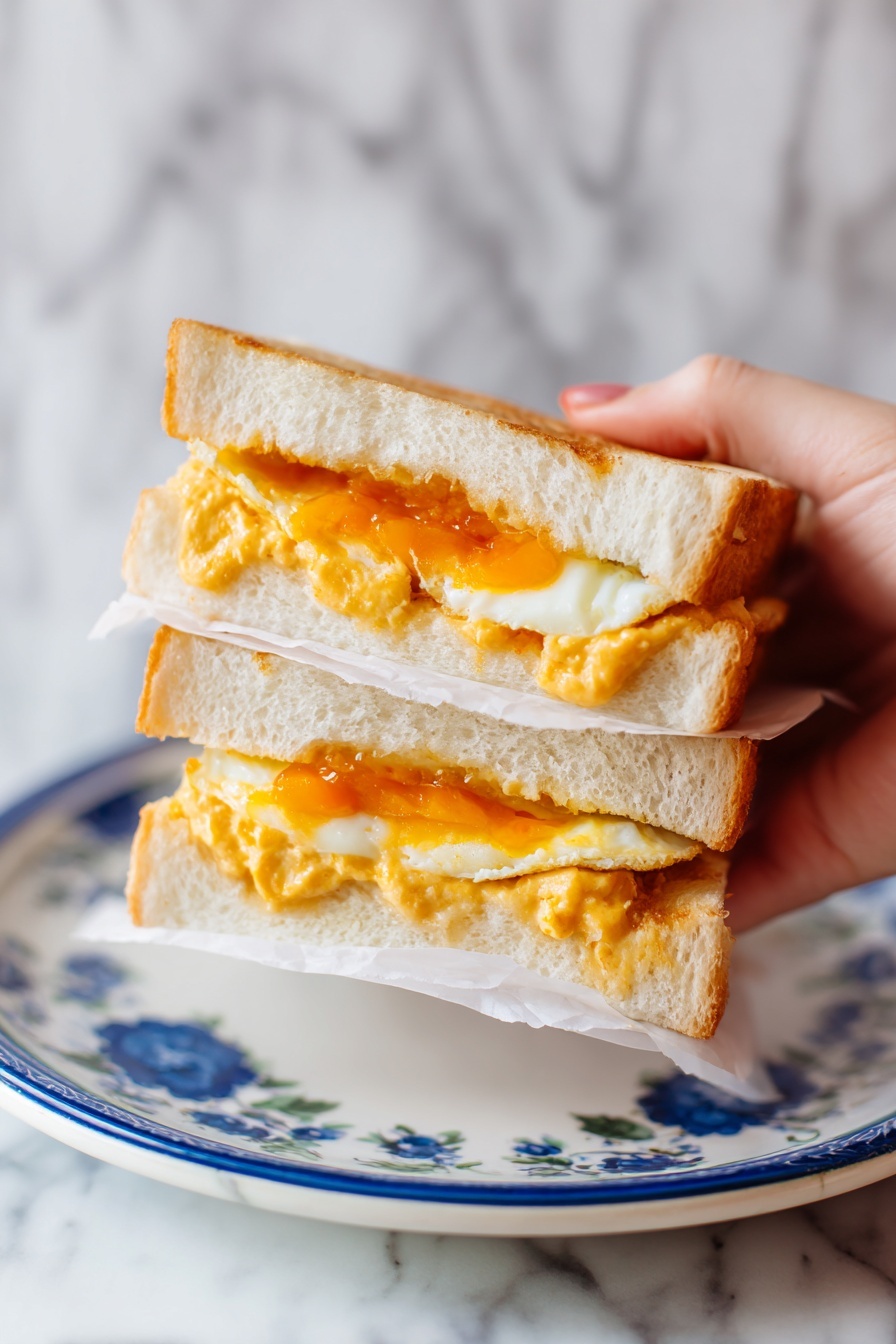 The image shows two sandwich halves on a white plate with blue rings, placed on a white marbled surface. Each sandwich has three visible layers: the bottom and top layers are soft, thick white bread with a light texture. The middle layer is a fried egg with a bright orange, slightly runny yolk and white cooked egg whites, surrounded by a creamy, slightly chunky yellow sauce spread on both sides of the bread. The sandwiches are wrapped partly in white paper at the bottom edges. The photo taken with an iphone --ar 2:3 --v 7 - Japanese Egg Sandwich Tamago Sando, Japanese egg sandwich recipe, Tamago Sando ingredients, how to make Tamago Sando, Japanese sandwich ideas