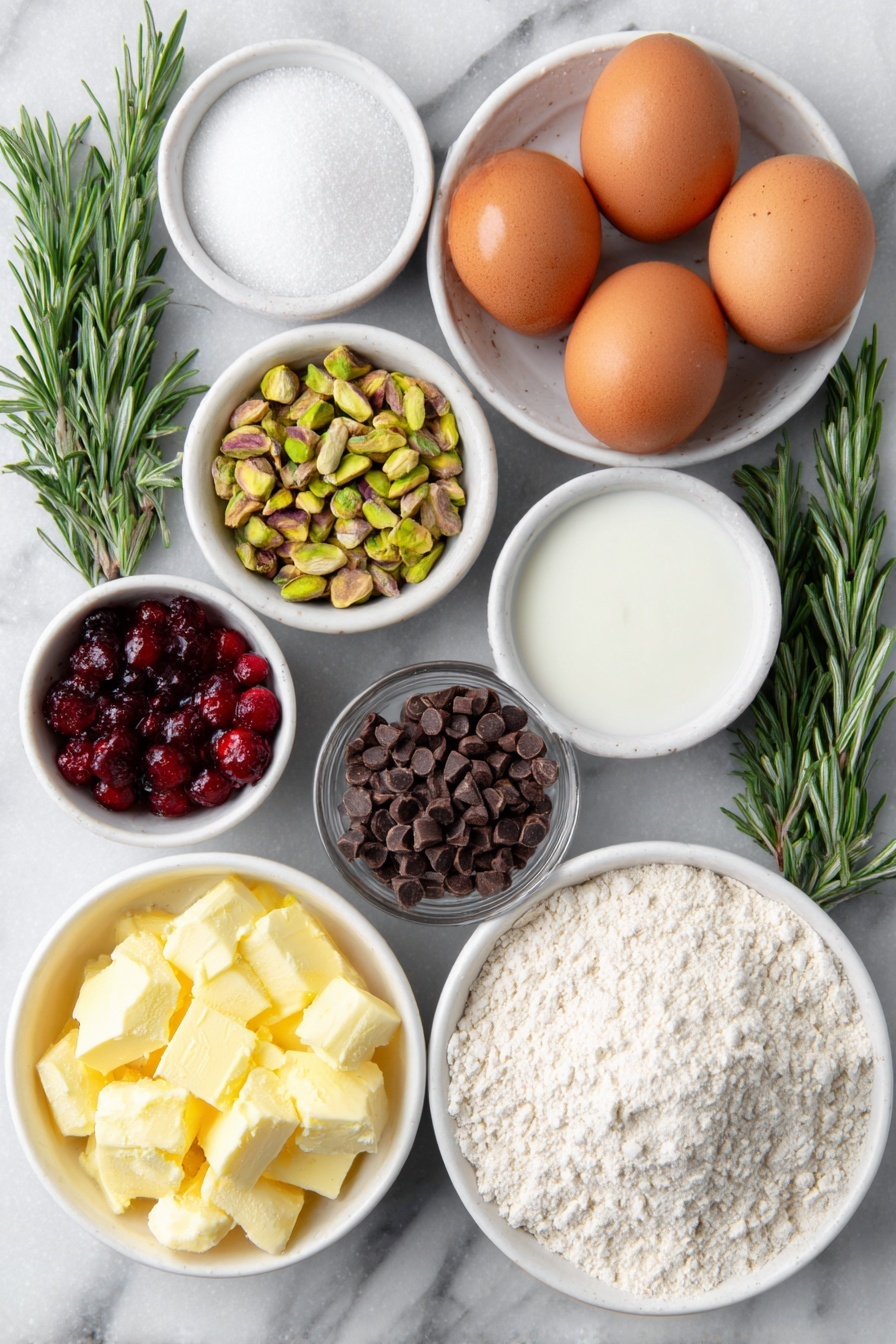 Christmas Yule Log Cake with Cranberries Recipe 7 Flat lay of four whole brown eggs with clean shells, a small white bowl of granulated sugar, a small white bowl of packed light brown sugar, a few fresh rosemary sprigs with varying lengths, a small white bowl of raw shelled pistachios, a small white bowl of Dutch-process cocoa powder, a small white bowl of all-purpose flour, a few fresh bright red cranberries, a small white bowl of finely chopped bittersweet chocolate, a small white bowl of powdered sugar, a small white bowl of cold heavy cream, a small white bowl of neutral oil, a small white bowl of vanilla extract, a small white bowl of instant espresso powder, and a small white bowl of kosher salt—all ingredients arranged in perfect symmetry on a simple white ceramic plate and bowls, placed on a clean white marble surface, soft natural light, photo taken with an iPhone, professional food photography style, fresh ingredients, white ceramic bowls, no bottles, no duplicates, no utensils, no packaging --ar 2:3 --v 7 --p m7354615311229779997 - Christmas Yule Log Cake with Cranberries, holiday chocolate cake, festive yule log recipe, cranberry decorated cake, holiday dessert ideas