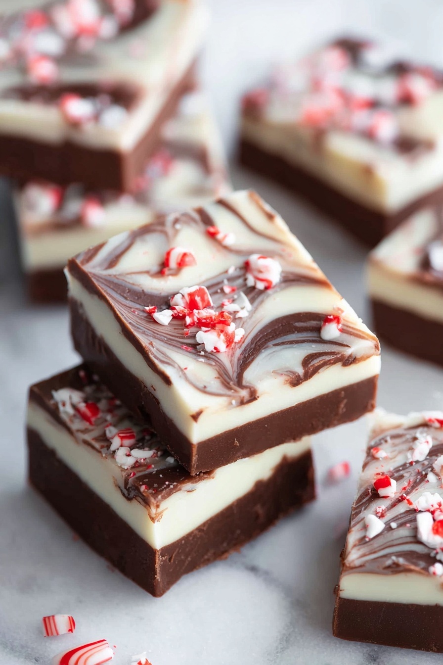 Double Chocolate Peppermint Fudge Recipe 6 The image shows a close-up of square dessert bars on a white marbled surface. Each bar has three visible layers: a dark brown base that looks dense and fudgy, a middle creamy white layer, and a top layer with a mix of white and dark brown swirls creating a marbled effect. Small red and white peppermint candy pieces are scattered on top of the bars. The dessert pieces are arranged in a slightly scattered way in the background. photo taken with an iphone --ar 2:3 --v 7 - Double Chocolate Peppermint Fudge, peppermint chocolate fudge, holiday chocolate fudge, creamy peppermint dessert, festive fudge recipe
