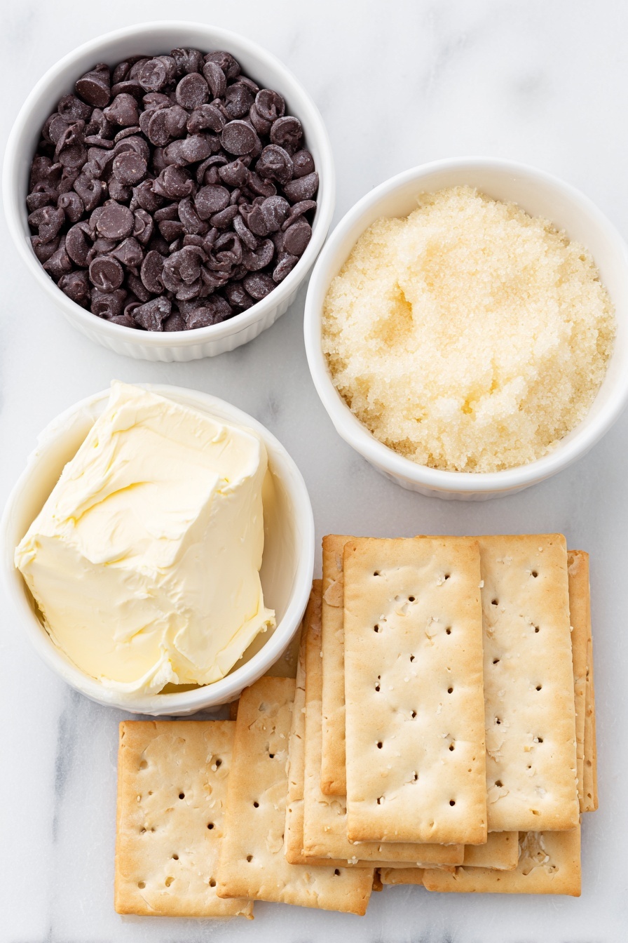 Flat lay of a single layer of rectangular saltine crackers arranged neatly, a small white ceramic bowl filled with dark brown sugar showing its rich, moist texture, a chunk of solid golden butter with a smooth surface, a small white ceramic bowl brimming with glossy semisweet chocolate chips, all placed on a clean white marble surface, soft natural light, photo taken with an iPhone, professional food photography style, fresh ingredients, white ceramic bowls, no bottles, no duplicates, no utensils, no packaging --ar 2:3 --v 7 --p m7354615311229779997 - Saltine Toffee Christmas Crack, holiday dessert, easy Christmas treats, salty and sweet snacks, no-bake holiday sweets