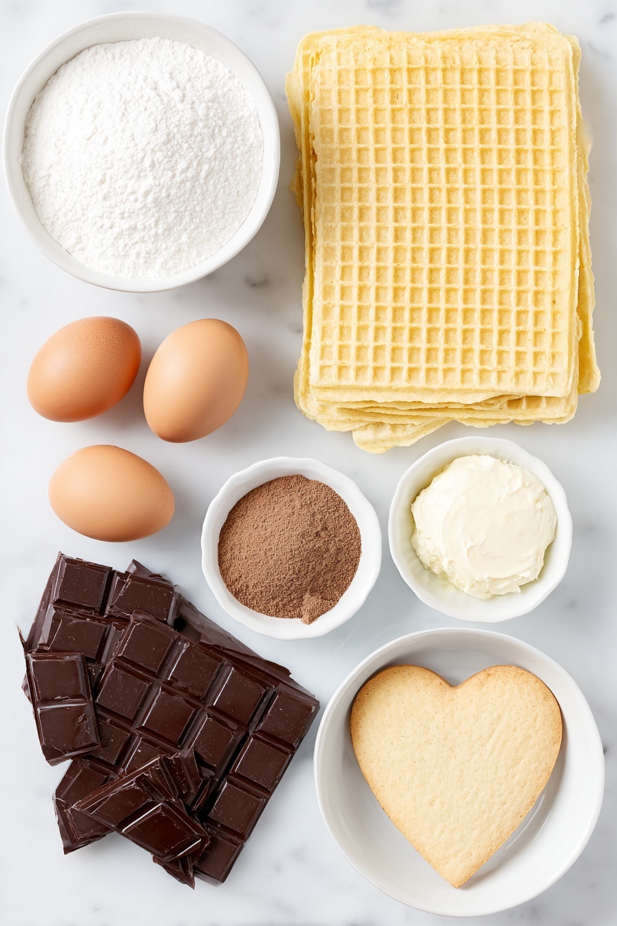 Flat lay of a large rectangular waffle sheet with a natural golden-brown color, three whole uncracked brown eggs, a small white ceramic bowl filled with fine white granulated sugar, a small white bowl containing vanilla sugar in powder form, a small white bowl holding fine baking powder, a small white bowl with warm brown Lebkuchen spice powder, a pile of smooth dark Lebkuchen chocolate blocks beside a small white bowl holding solid white coconut fat, and a soft heart-shaped Lebkuchen cookie with a slightly cracked surface, all arranged symmetrically on a clean white marble surface, soft natural light, photo taken with an iPhone, professional food photography style, fresh ingredients, white ceramic bowls, no bottles, no duplicates, no utensils, no packaging --ar 2:3 --v 7 --p m7354615311229779997 - Lebkuchen-Schokoküsse, Lebkuchen-Schokoküsse Rezept, festliche Lebkuchen-Konfekte, Schokoküsse mit Lebkuchen-Geschmack, einfache Lebkuchen-Schokoküsse Zubereitung
