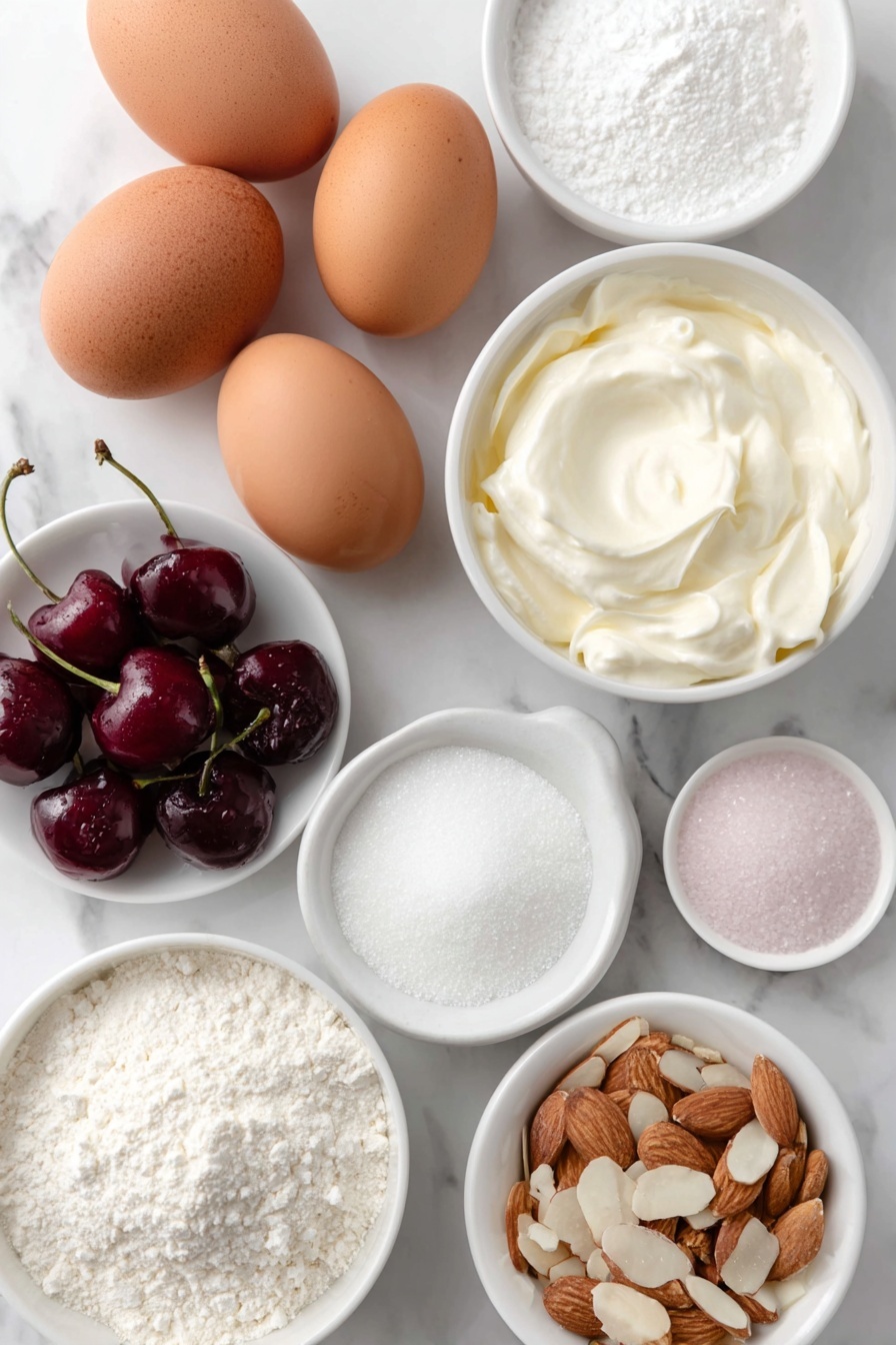 Cherry Mascarpone Pavlova Roulade Recipe 7 Flat lay of four whole large brown eggs with clean shells, a small white ceramic bowl of smooth mascarpone cheese, a small white ceramic bowl filled with fresh full cream, a small white ceramic bowl of fine white icing sugar, a small white ceramic bowl of fine castor sugar, a small white ceramic bowl holding white vinegar, a small white ceramic bowl containing fine cornflour, a small white ceramic bowl of vanilla paste, a cluster of fresh ripe red cherries with stems, a small white ceramic bowl of sliced almonds, and a small white ceramic bowl of extra dusted icing sugar, all arranged with perfect symmetry on a clean white marble surface, soft natural light, photo taken with an iPhone, professional food photography style, fresh ingredients, white ceramic bowls, no bottles, no duplicates, no utensils, no packaging --ar 2:3 --v 7 --p m7354615311229779997 - Cherry Mascarpone Pavlova Roulade, cherry mascarpone dessert, pavlova roulade recipe, elegant fruit dessert, summer berry roulade