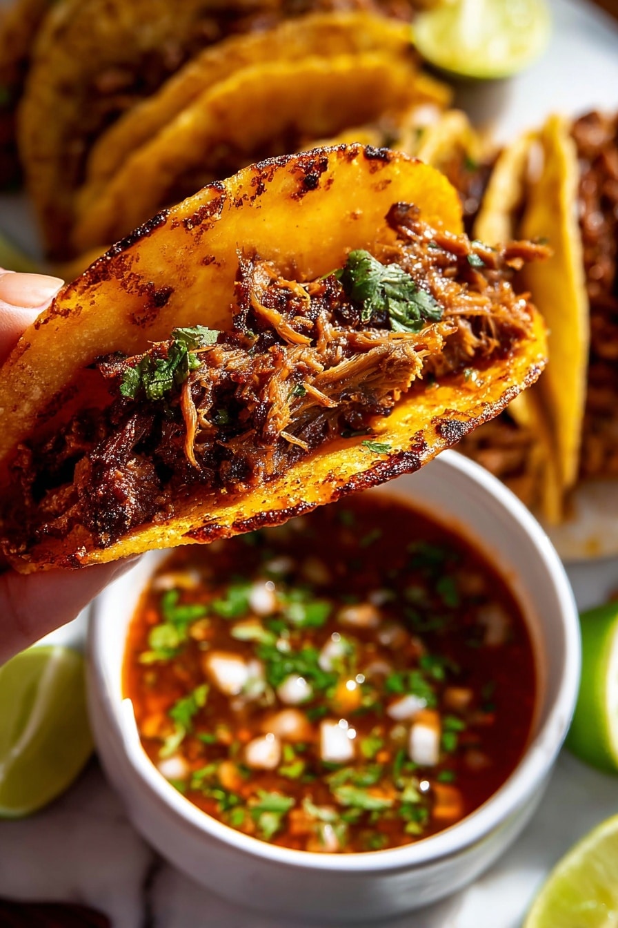 Authentic Birria Tacos Recipe 6 A close-up shows a folded taco being held by a woman's hand, with a golden brown, slightly crispy tortilla. The taco is filled with dark, tender meat and melted orange-yellow cheese on top. Below, a white round bowl of rich red-brown sauce with small orange and dark pieces is catching a drip from the taco. In the blurred background, a white plate with more folded tacos is set on a white marbled surface. photo taken with an iphone --ar 2:3 --v 7 - Authentic Birria Tacos, Birria Tacos Recipe, Mexican Birria Tacos, How to Make Birria Tacos, Best Birria Tacos