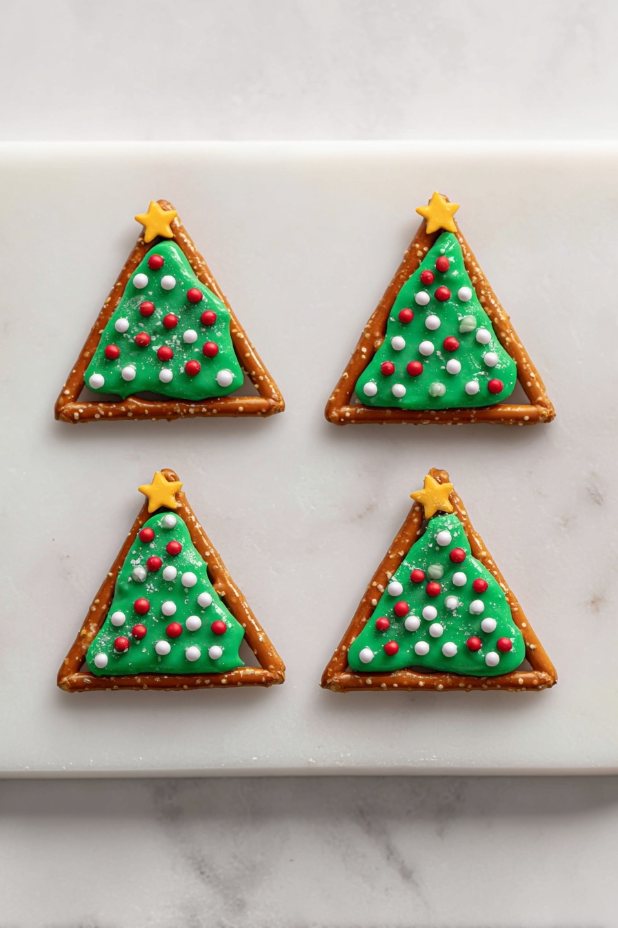 Pretzel Candy Melt Christmas Trees Recipe 6 Four small triangle-shaped treats are evenly placed in a 2x2 grid on a white, marbled tray. Each treat has a pretzel frame forming the triangle edges in light brown and slightly shiny texture. Inside each triangle is a layer of smooth, green icing covering the area entirely. Red, white, and small white sprinkle balls are scattered on top of the green icing, creating a festive decoration, with one small yellow star sprinkle placed near the top point of each triangle. The overall look is clean and bright. Photo taken with an iphone --ar 2:3 --v 7 - Pretzel Candy Melt Christmas Trees, holiday treats, festive cookie recipes, easy Christmas desserts, salty sweet holiday snacks