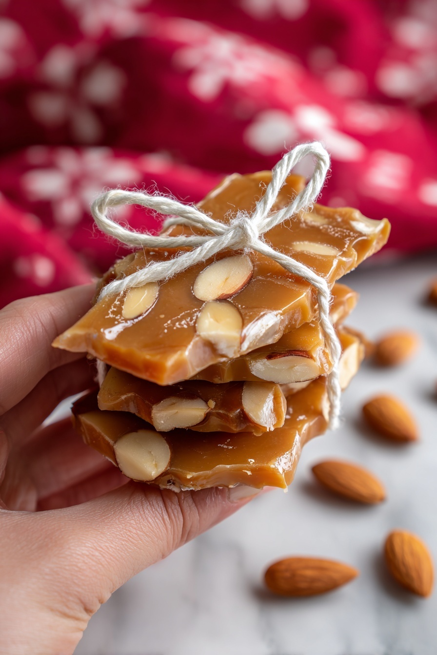 Homemade Peanut Brittle Recipe 8 The image shows a close-up of several light golden brown, bubble-textured wafers stacked casually on a white plate. Each wafer is thin with round, raised bubbles that give a bumpy texture, and the surface looks slightly shiny, suggesting a crisp finish. The stack is slightly tilted, showing layers of wafers leaning on each other. The background is softly blurred with warm tones, and there is a pink ribbon loosely placed near the wafers, adding a gentle touch of color. The photo is taken on a white marbled surface. Photo taken with an iphone --ar 2:3 --v 7 - Homemade Peanut Brittle, Peanut Brittle Recipe, Easy Peanut Brittle, Crunchy Peanut Candy, Buttery Peanut Brittle