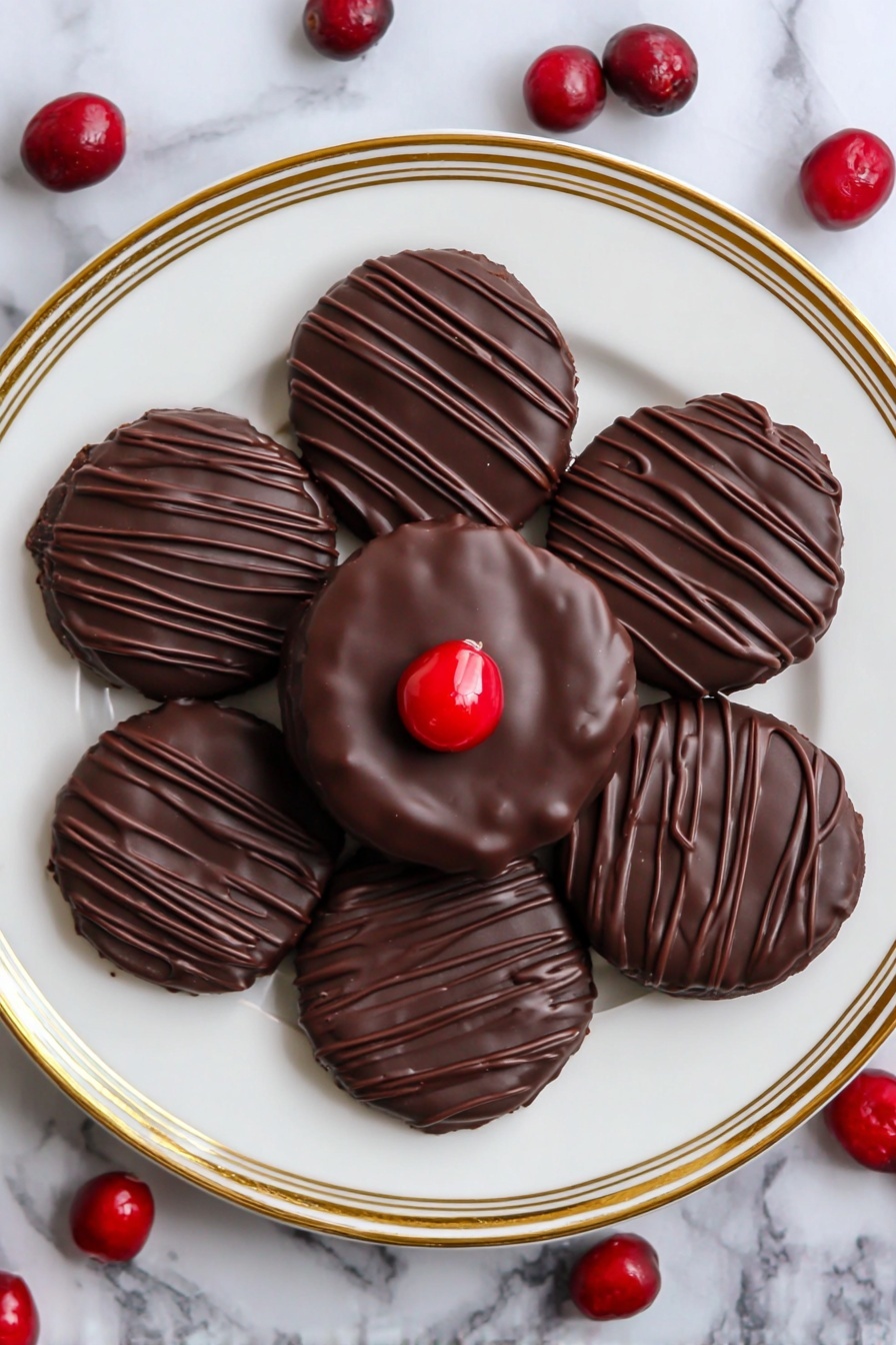 Dark Chocolate Cranberry Bites Recipe 6 A white plate with a gold rim holds seven round chocolate-covered cookies arranged in a flower shape, with one cookie in the center and six around it. The center cookie has a smooth, shiny dark chocolate layer topped with a single bright red cherry. The six surrounding cookies have a dark chocolate coating with a wavy drizzle pattern on top. The plate is placed on a white marbled surface with a few scattered red cherries. The colors are mainly dark brown, white, gold, and red, showing a rich and neat dessert presentation. Photo taken with an iphone --ar 2:3 --v 7 - Dark Chocolate Cranberry Bites, easy holiday treats, festive chocolate snacks, cranberry chocolate bites, no-bake dessert ideas