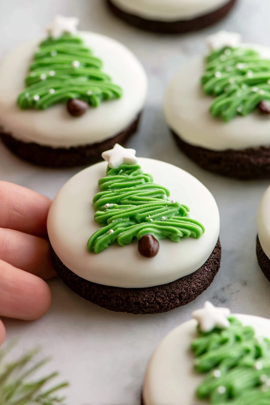 Festive Green Oreo Christmas Trees Recipe 6 The image shows several chocolate sandwich cookies half covered with smooth white coating on a white marbled surface. Each cookie has a green icing shaped like a Christmas tree on the uncoated half with a small white star-shaped decoration on top of the tree. A woman's hand is gently holding one cookie from the bottom left corner of the image. The texture of the dark cookie contrasts with the glossy white coating and soft green icing, making the festive design stand out. Photo taken with an iphone --ar 2:3 --v 7 - Festive Green Oreo Christmas Trees, Christmas Oreo treats, holiday cookie decorations, easy Christmas desserts, kid-friendly holiday snacks