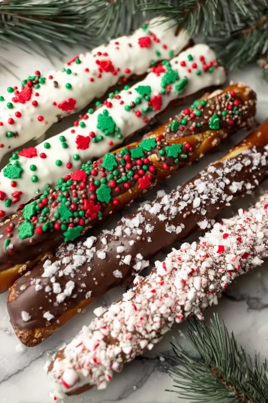 Festive Chocolate Dipped Pretzel Rods Recipe