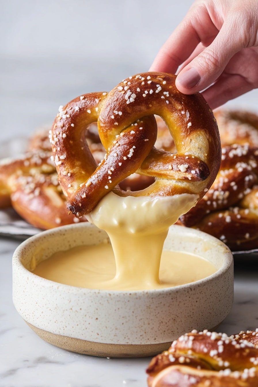 Homemade Pretzels Recipe 6 A golden brown pretzel with a shiny surface covered in coarse white salt is held by a woman's hand, partially dipped into a thick, creamy light yellow cheese sauce in a speckled white bowl. The pretzel shows a classic twisted shape with smooth, glossy texture where the cheese clings, and the cheese sauce appears rich and smooth, stretching slightly as the pretzel lifts out. In the background, more pretzels rest on a white marbled surface. Photo taken with an iphone --ar 2:3 --v 7 - Homemade Pretzels, Pretzels Recipe, How to Make Pretzels, Easy Pretzel Recipe, Soft and Chewy Pretzels