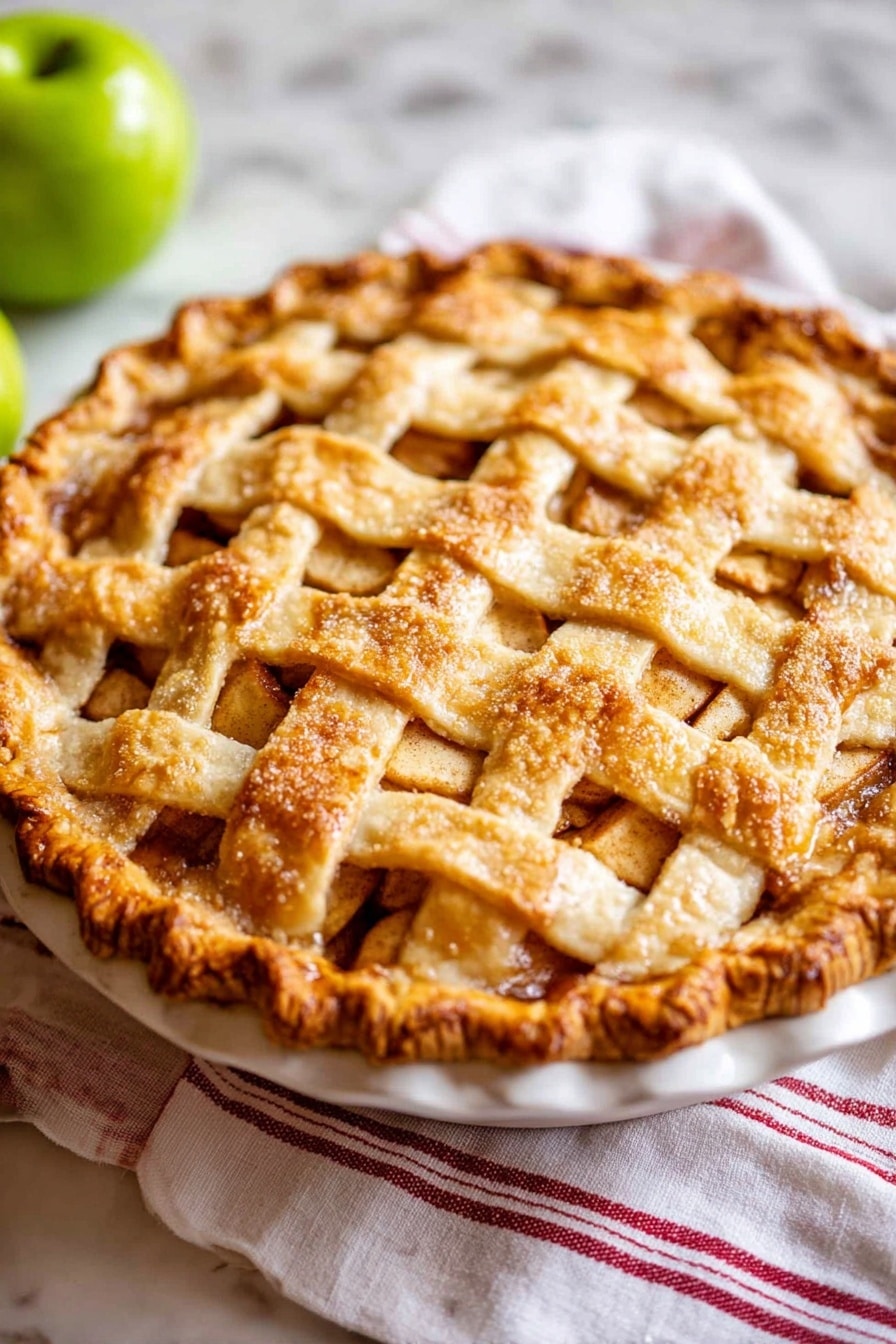 Perfect Apple Pie Recipe 8 An apple pie with a lattice crust sits on a white plate, resting on a white marbled surface. The top crust is golden brown with a slightly bumpy texture, and the lattice pattern shows hints of the apple filling beneath, which is light brown and soft looking. The pie crust edge is thick and crimped securely around the pie dish. In the background, a green apple is slightly blurred, adding a fresh, bright green color. A white linen towel with red stripes is partially visible next to the pie. Photo taken with an iphone --ar 2:3 --v 7 - Perfect Apple Pie, homemade apple pie, easiest apple pie recipe, flaky apple pie crust, caramelized apple filling