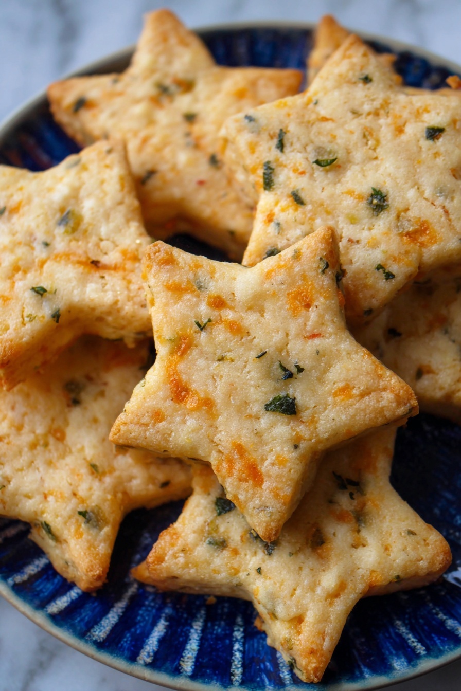 Cheddar Basil Crackers Recipe 6 The image shows several star-shaped savory biscuits with a light golden brown crust, dotted with small bits of green herbs throughout. The biscuits have a slightly rough texture with visible small cheese pieces baked inside, giving an orange tint to some parts. They are stacked closely together on a white plate with a blue inner pattern, placed on a white marbled surface. The biscuits are thick and look crispy on the edges while soft in the center. Photo taken with an iphone --ar 2:3 --v 7 - Cheddar Basil Crackers, homemade savory crackers, cheesy herb snack, easy cracker recipe, crunchy cheese crackers