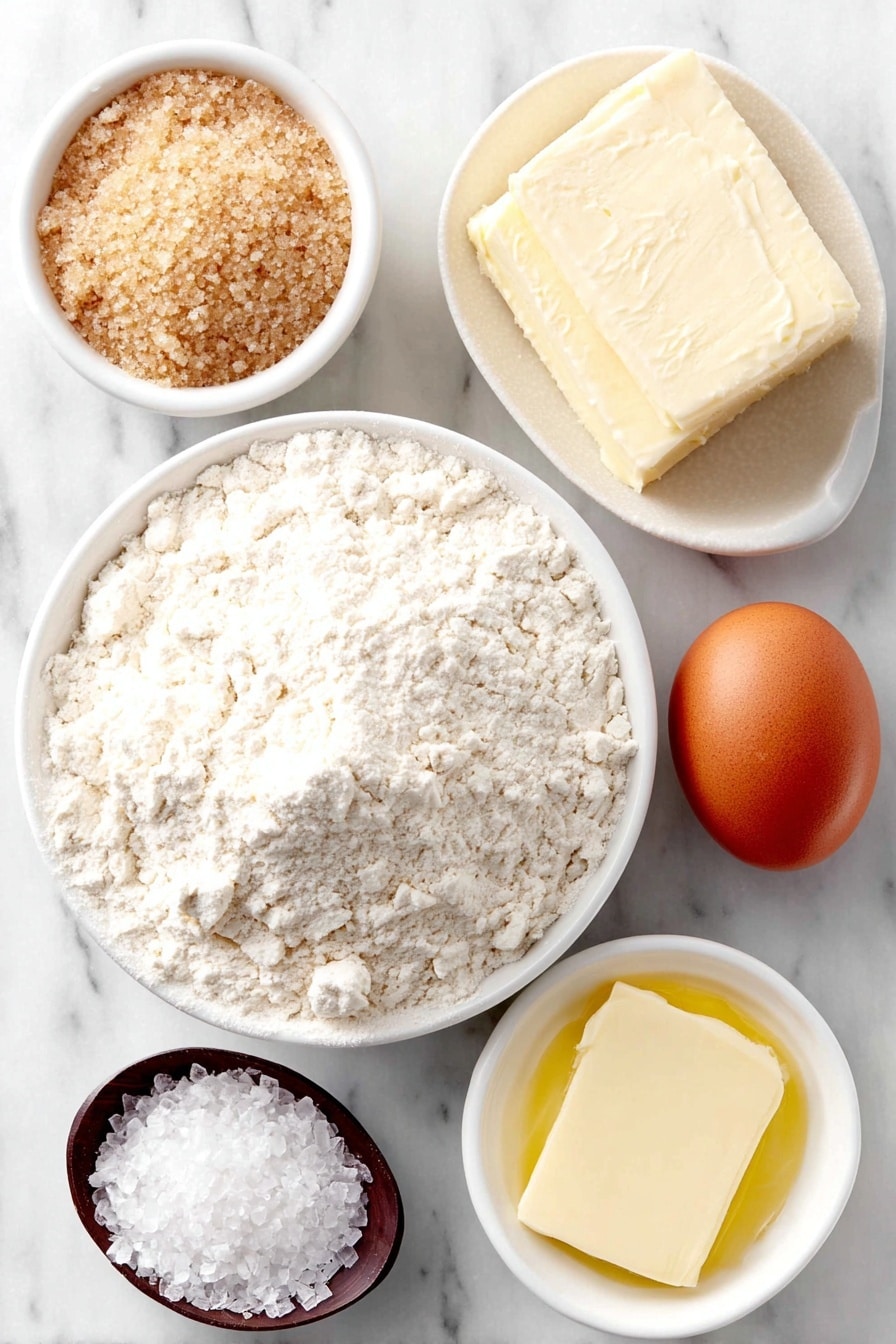 Easy Soft Pretzels Recipe 7 Flat lay of a small mound of pale off-white all-purpose flour, a small heap of light golden brown sugar crystals, a stick of soft pale yellow butter, a small white ceramic bowl filled with warm water, a tiny heap of fine white active dry yeast granules, a shallow white ceramic bowl with coarse sea salt crystals, a whole uncracked brown egg, and a small white ceramic bowl containing melted golden butter, all arranged symmetrically and balanced, placed on a clean white marble surface, soft natural light, photo taken with an iPhone, professional food photography style, fresh ingredients, white ceramic bowls, no bottles, no duplicates, no utensils, no packaging --ar 2:3 --v 7 --p m7354615311229779997 - Easy Soft Pretzels, soft pretzels recipe, homemade pretzels, baking soft pretzels, bakery-style pretzels