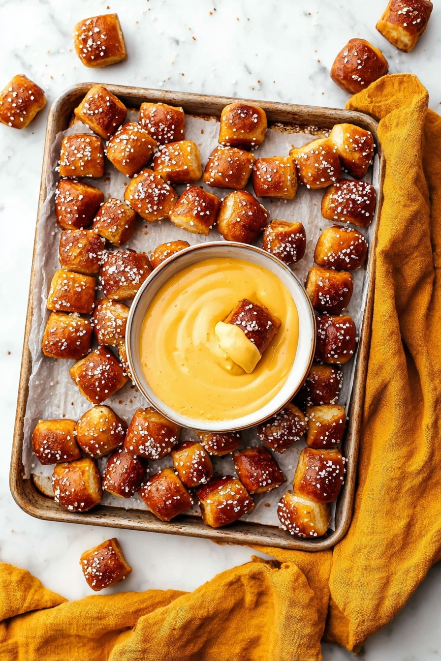 Buttery Soft Pretzel Bites Recipe 8 The image shows a metal baking tray lined with white parchment paper on a white marbled surface, filled with small, golden-brown pretzel bites topped with coarse salt. In the center of the tray sits a small round white bowl filled with a smooth, creamy yellow cheese sauce, with one pretzel bite partially dipped into it. The pretzel bites are evenly browned with a slightly shiny texture and are scattered across the tray as well as the marbled surface around it. A mustard yellow cloth lies beside the tray. The photo was taken with an iphone --ar 2:3 --v 7 - Buttery Soft Pretzel Bites, easy pretzel bites recipe, homemade pretzel snacks, soft pretzel bites how to, chewy buttery pretzels