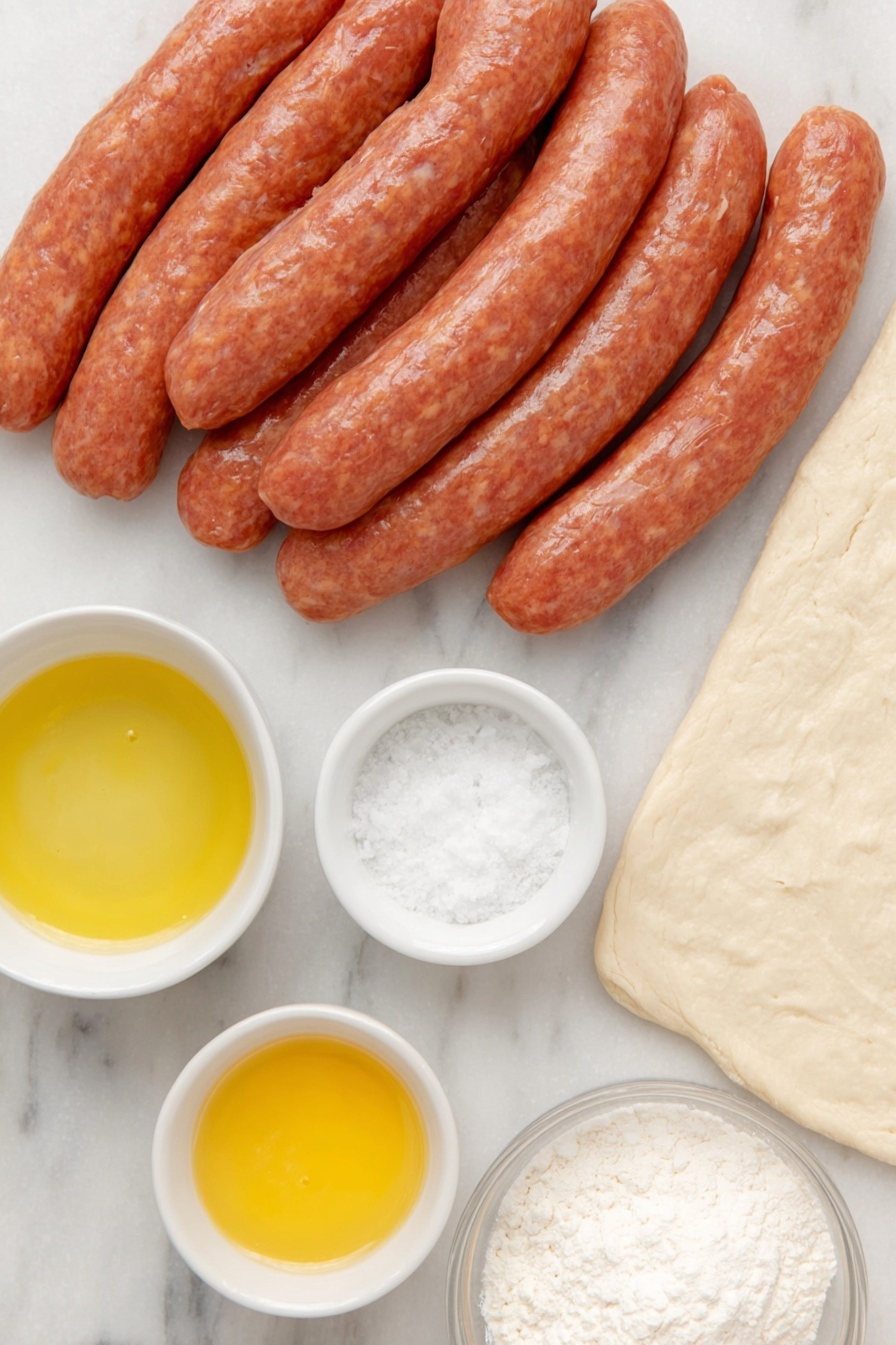 Cheesy Pretzel Dogs Recipe 7 Flat lay of fifteen raw sausage franks with smooth reddish-brown casings, a large unrolled rectangle of pale beige pizza dough with a slightly flour-dusted surface, a small white bowl filled with coarse kosher salt crystals, a small white bowl containing a beaten golden-yellow egg mixture, a large white ceramic bowl of clear water, and a small white bowl with light gray-white baking soda powder, all arranged symmetrically with perfect spacing on a clean white marble surface, soft natural light, photo taken with an iPhone, professional food photography style, fresh ingredients, white ceramic bowls, no bottles, no duplicates, no utensils, no packaging --ar 2:3 --v 7 --p m7354615311229779997 - Cheesy Pretzel Dogs, homemade pretzel dogs, sausage pretzel bites, cheesy snack recipes, game day snacks