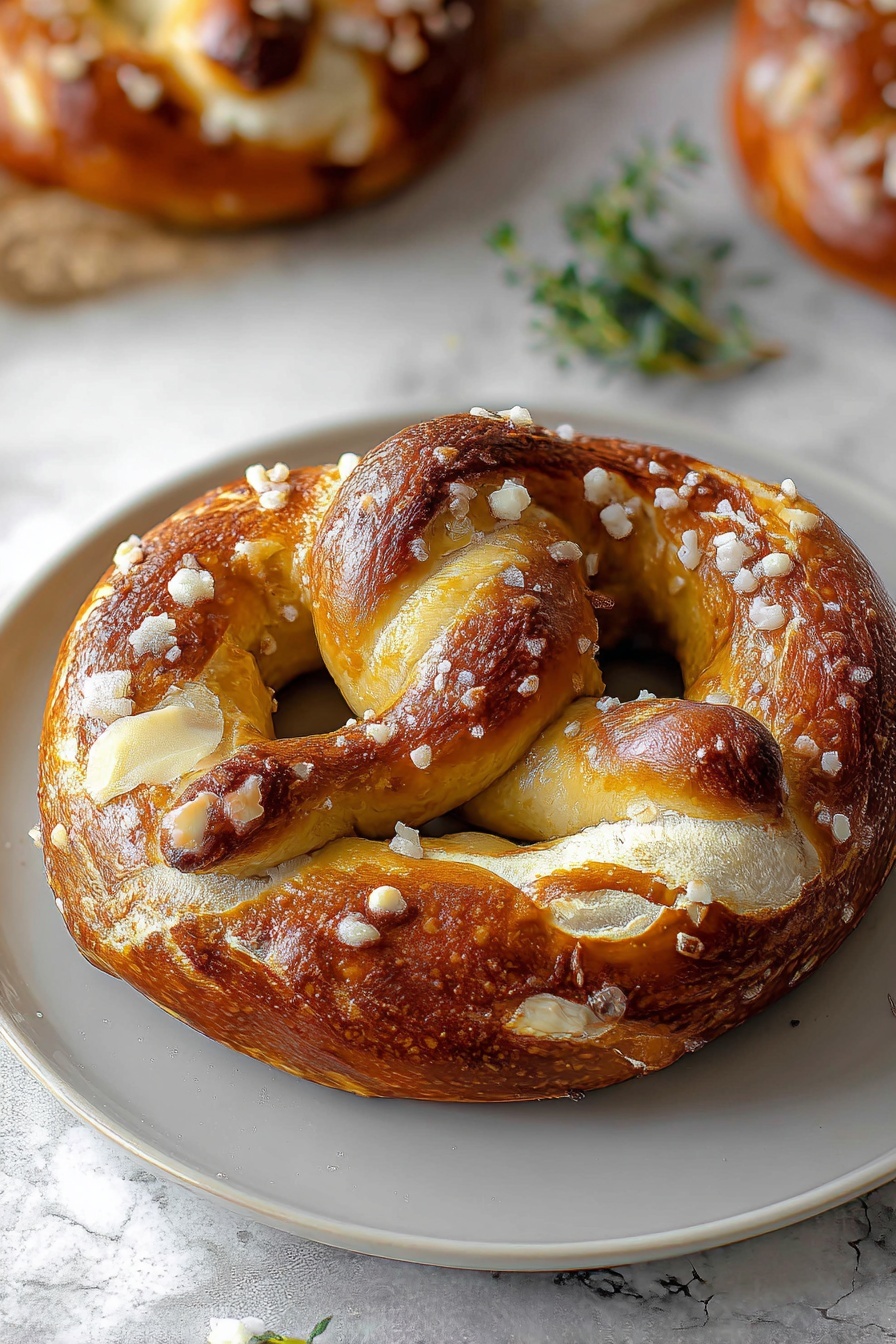 Mozzarella Stuffed Soft Pretzels Recipe 6 A single soft pretzel sits curled on a white plate, with its thick golden-brown outer layer showing a shiny, slightly crisp texture. Large salt crystals and melted cheese patches are scattered on top, giving it a rough and flaky look. The inside dough is lighter, visible where the pretzel twists and stretches, showing a soft, fluffy texture. The plate rests on a white marbled surface with another pretzel blurred in the background. A small green herb sprig adds a touch of color nearby. photo taken with an iphone --ar 2:3 --v 7 - Mozzarella Stuffed Soft Pretzels, cheesy soft pretzels, homemade pretzels with mozzarella, soft pretzel recipe, cheesy snack ideas