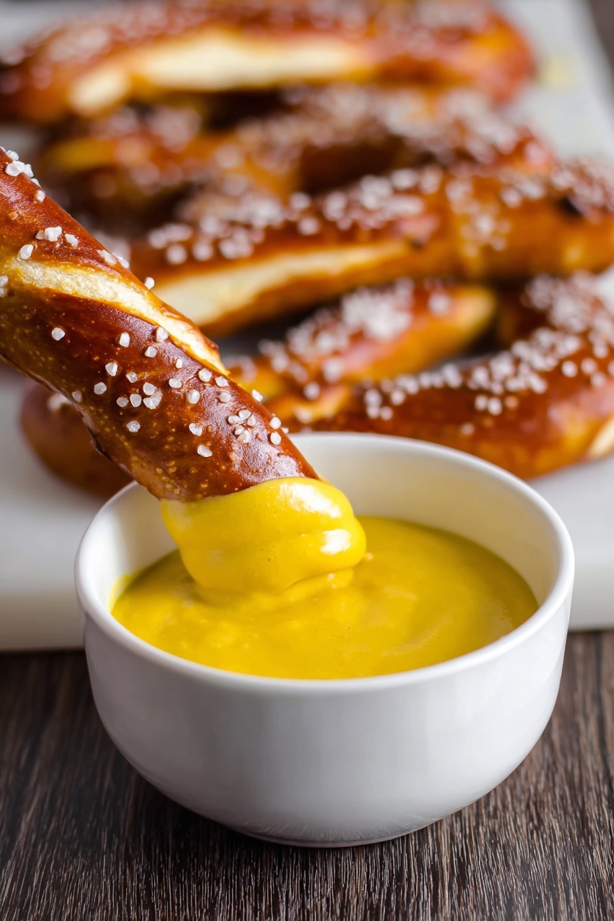 German Soft Pretzel Sticks Recipe 8 A close-up image shows a golden brown pretzel stick dipped partly into a white bowl filled with bright yellow mustard sauce. The pretzel stick has a shiny, smooth surface with coarse white salt sprinkled on top. In the background, several more pretzel sticks with the same color and salt texture are laid out on a white marbled surface, slightly out of focus. The white bowl is placed on a dark wood-textured table. photo taken with an iphone --ar 2:3 --v 7 - German Soft Pretzel Sticks, soft pretzel sticks recipe, homemade pretzel sticks, salty pretzel snacks, chewy pretzel sticks