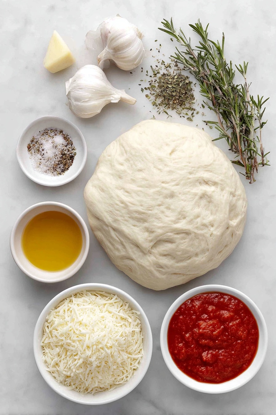 Garlic Parmesan Bread Bites Recipe 7 Flat lay of a portion of fresh, unbaked classic pizza dough shaped into a smooth rope, a small white ceramic bowl with melted golden butter, two whole cloves of fresh garlic, a few sprigs of dried Italian seasoning herbs, a small white bowl filled with coarse kosher salt, a small white ceramic bowl holding finely grated pale yellow Parmesan cheese, and a small white bowl with vibrant red marinara sauce, all arranged in perfect symmetry and balanced proportions, placed on a clean white marble surface, soft natural light, photo taken with an iPhone, professional food photography style, fresh ingredients, white ceramic bowls, no bottles, no duplicates, no utensils, no packaging --ar 2:3 --v 7 --p m7354615311229779997 - Garlic Parmesan Bread Bites, cheesy garlic bread snacks, easy bread bites recipe, party appetizer ideas, quick appetizer recipes