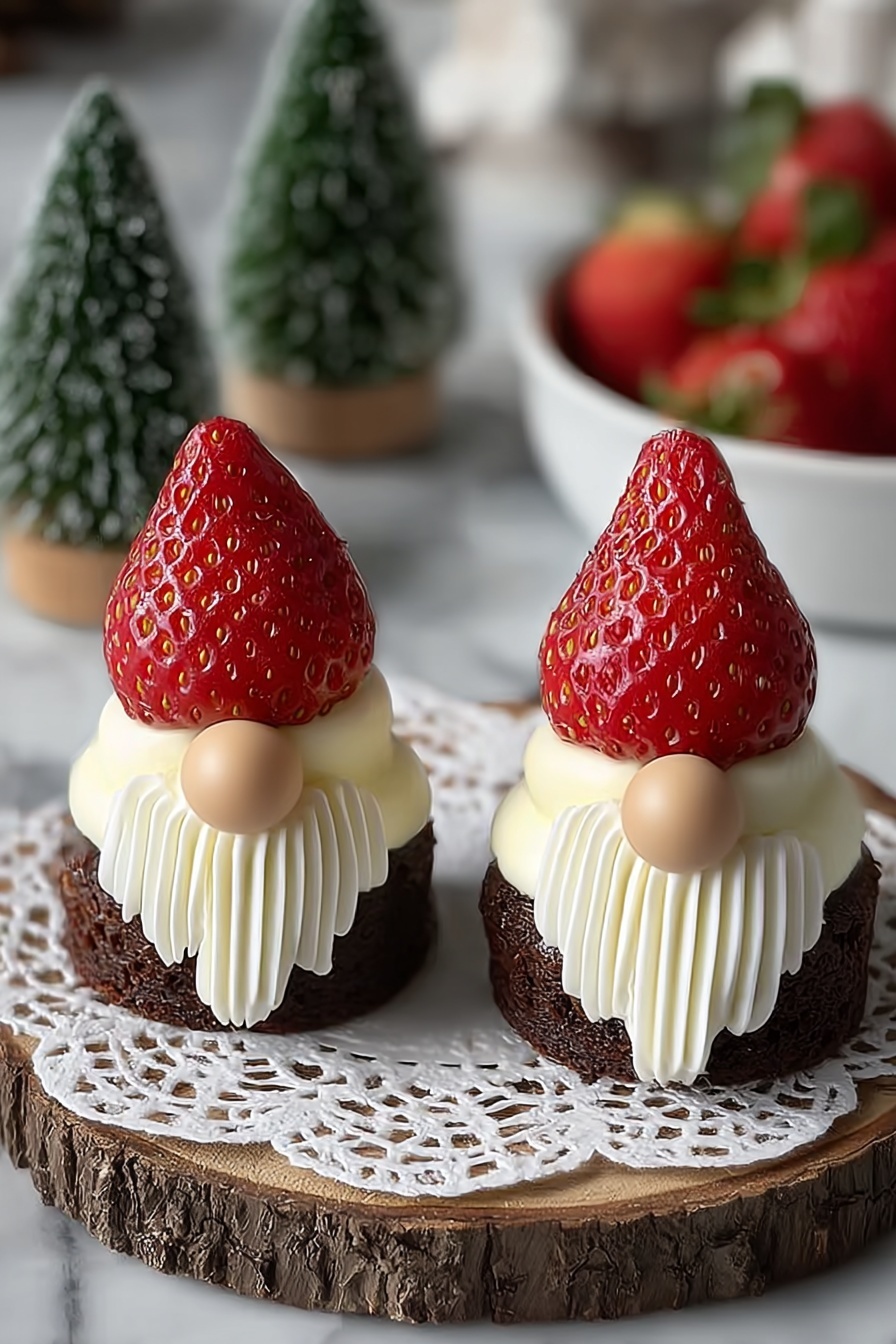 Brownie Gnome Bites with Strawberries Recipe 6 Two small desserts are placed side by side on a white lace doily that rests on a wooden round slice. Each dessert has three visible layers: the bottom layer is dark brown and looks like moist cake; the middle layer is bright white cream, piped in soft, curved lines to form a beard shape; and the top layer is a whole, red strawberry standing upright like a hat. In front of each strawberry, there is a small round beige candy representing a nose. The background has two small green Christmas trees on the left and a white bowl filled with strawberries on the right, all set on a white marbled surface. photo taken with an iphone --ar 2:3 --v 7 - Brownie Gnome Bites with Strawberries, gnome dessert ideas, cute strawberry brownie treats, easy holiday desserts, adorable fruit dessert recipes