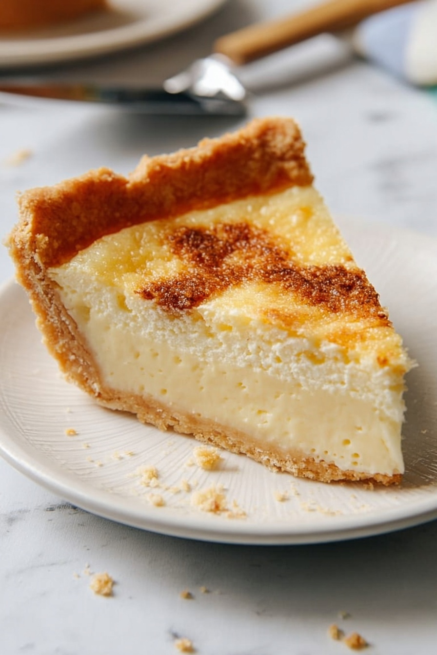 Delicious Bread Pudding Pie Recipe 8 A slice of pie with three visible layers sits on a white plate with a subtle texture. The bottom layer is a smooth, light beige crust that looks firm. The middle layer is thick, creamy, and pale yellow, appearing soft and moist. The top layer is golden brown with a slightly bubbly and crispy texture, sprinkled with small dark brown spots. The plate rests on a white marbled surface, with some crumbs scattered around, and a metal pie server with a clear handle in the background. Photo taken with an iphone --ar 2:3 --v 7 - Delicious Bread Pudding Pie, bread pudding dessert, comforting pie recipe, easy bread pudding, custard pie recipe