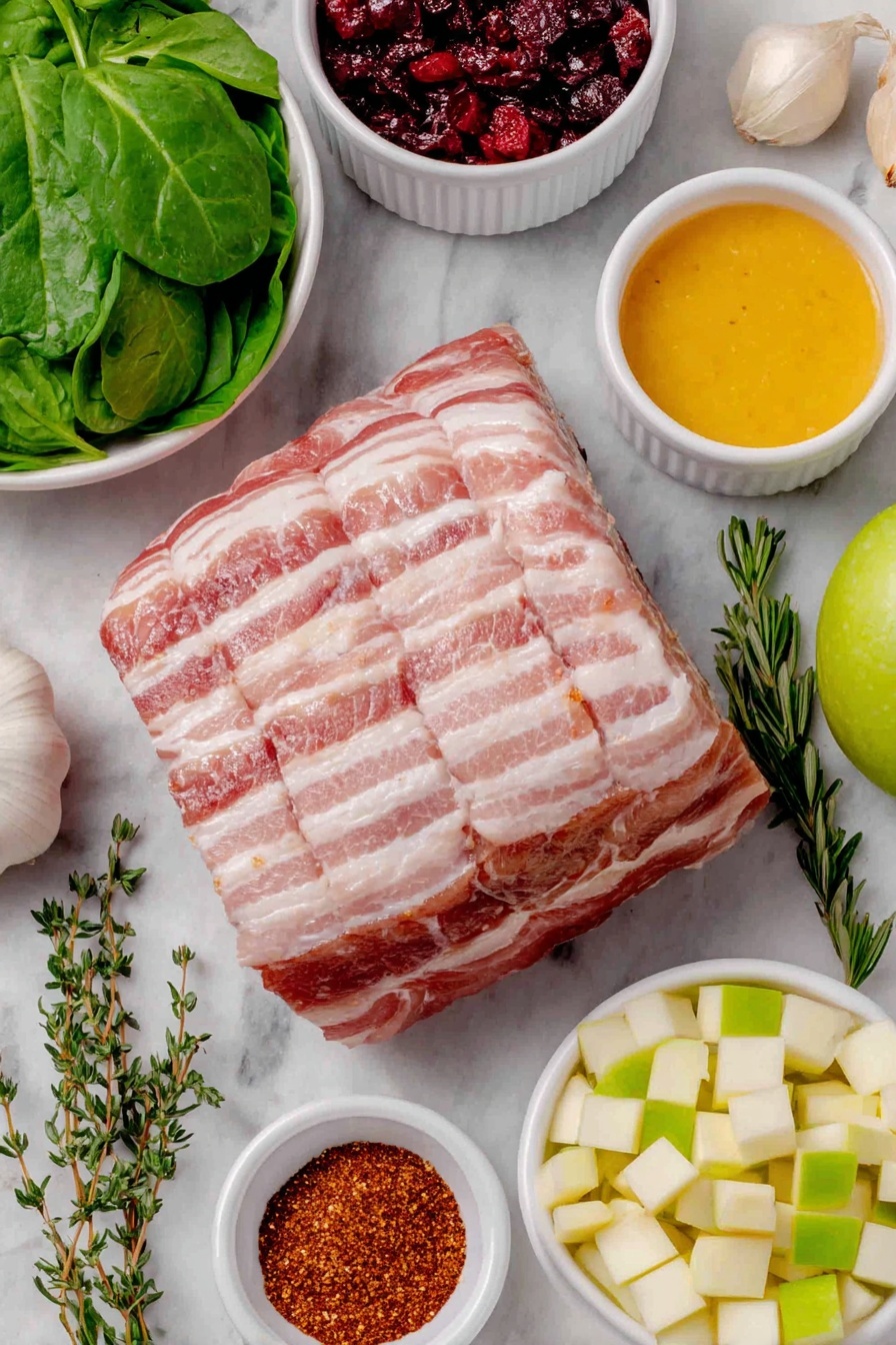 Apple Bacon Stuffed Pork Loin Roll Recipe 7 Flat lay of fresh center cut pork loin, diced smoked bacon slices, a whole peeled small apple diced into cubes, fresh baby spinach leaves, a whole large shallot diced, whole garlic cloves unpeeled, a few dried cranberries scattered, small white ceramic bowls with maple syrup and Dijon mustard, fresh sprigs of thyme and rosemary, small white bowls containing sea salt, ground black pepper, smoked paprika, all placed on a clean white marble surface, soft natural light, photo taken with an iPhone, professional food photography style, fresh ingredients, white ceramic bowls, no bottles, no duplicates, no utensils, no packaging --ar 2:3 --v 7 --p m7354615311229779997 - Apple Bacon Stuffed Pork Loin, pork loin roll with apples and bacon, holiday pork roast, stuffed pork tenderloin, savory pork loin recipes