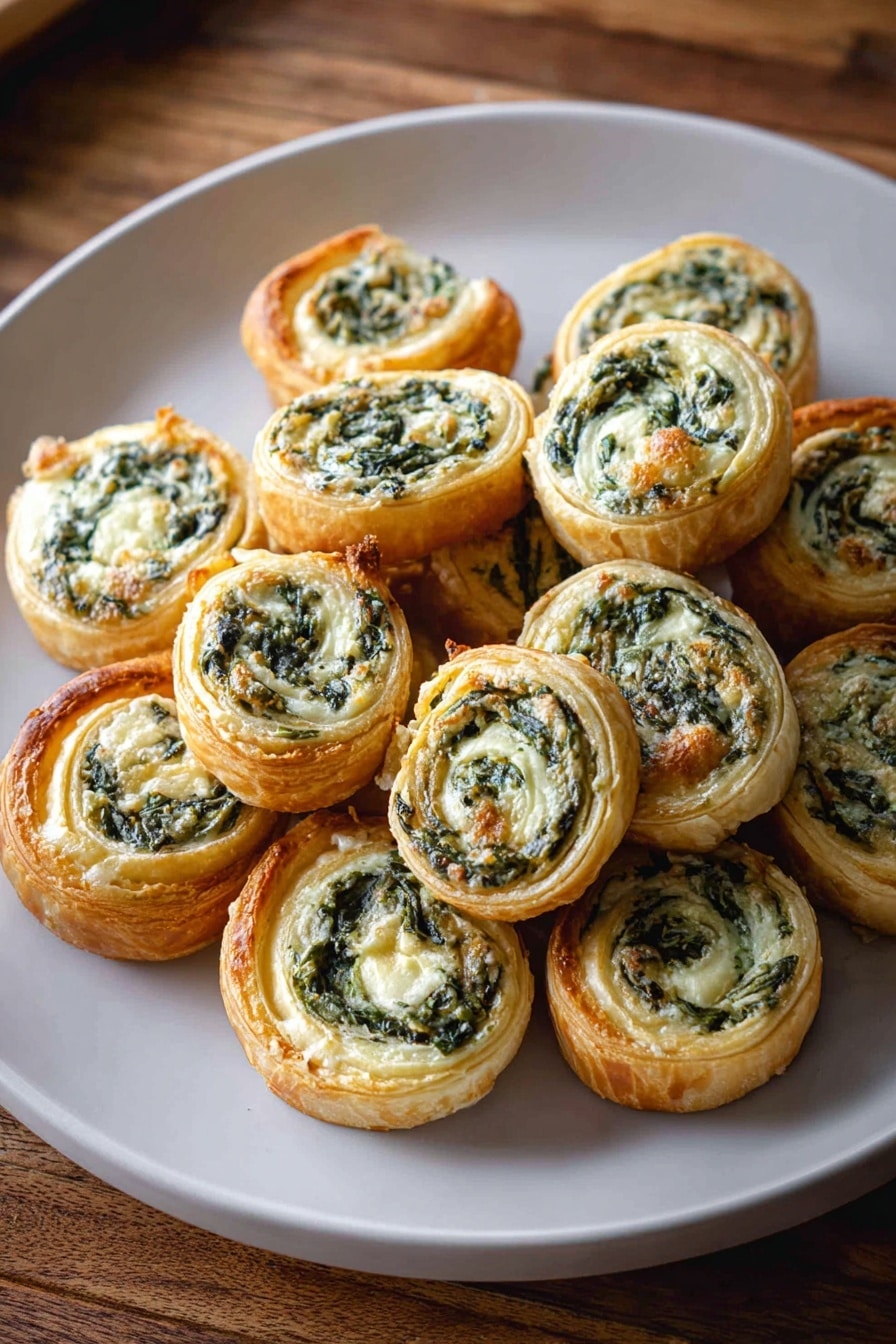 Spinach Dip Pinwheels Recipe 6 A white plate is full of about sixteen round pastries stacked close together, each with two visible layers: a flaky golden-brown crust on the outside and a creamy white filling mixed with dark green leafy bits rolled in a spiral pattern inside. The pastries have a slightly shiny surface and appear soft but with a light crisp on the edges. The plate sits on a wooden table, showing warm brown grain textures around it. Photo taken with an iphone --ar 2:3 --v 7 - Spinach Dip Pinwheels, spinach puff pastry appetizers, easy spinach dip snacks, party spinach pinwheels, healthy spinach appetizer
