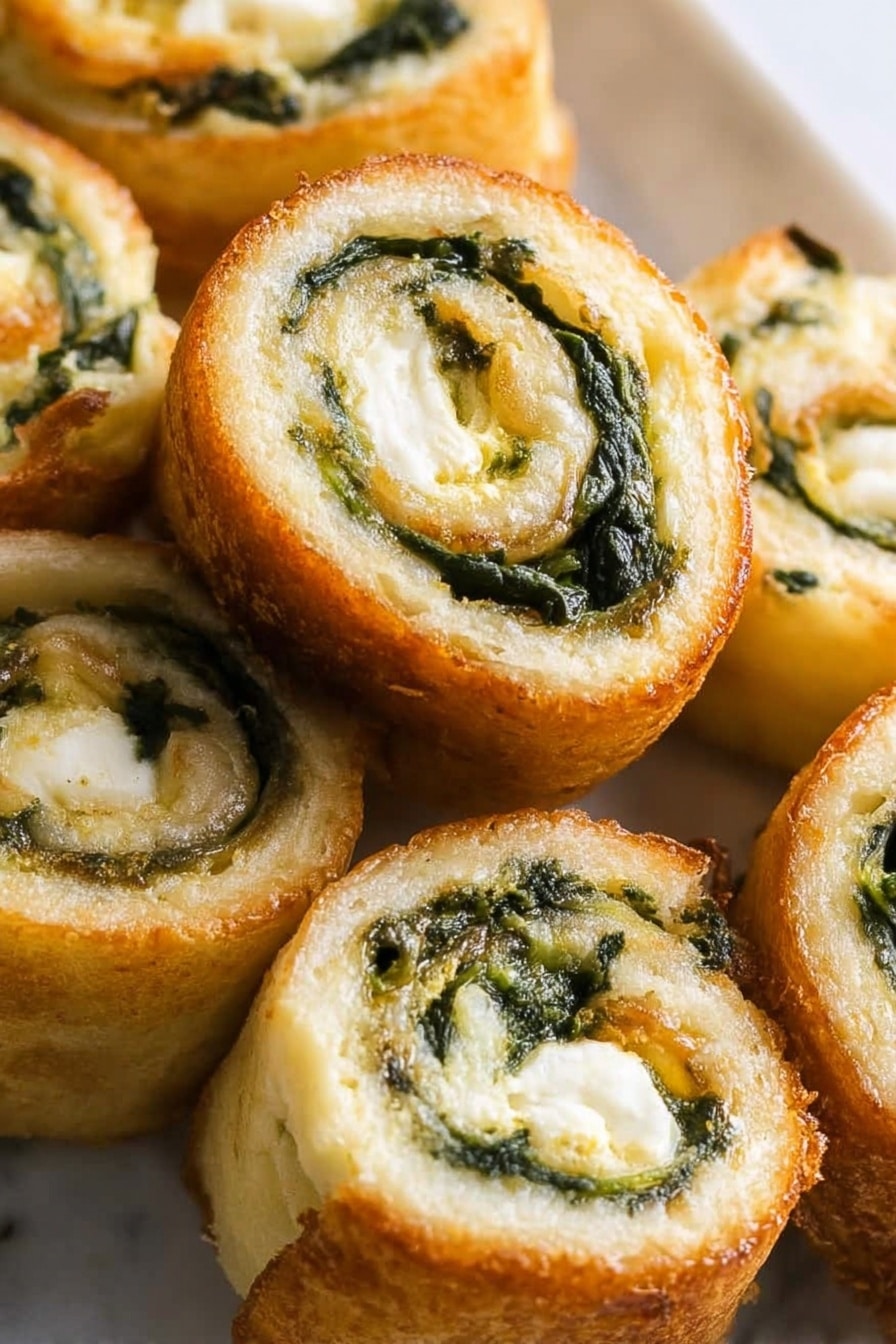 Spinach Dip Pinwheels Recipe 8 This close-up image shows a pile of spiral rolls with three main layers visible in each piece. The outer layer is light golden brown with a slightly crispy texture, wrapping around a creamy white middle layer that looks soft and smooth. Inside this creamy layer, there is a dark green leafy layer, possibly spinach, arranged in a spiral forming the innermost part of each roll. The rolls are stacked closely together on a white marbled surface. The lighting highlights the varying textures from crispy edges to creamy filling. photo taken with an iphone --ar 2:3 --v 7 - Spinach Dip Pinwheels, spinach puff pastry appetizers, easy spinach dip snacks, party spinach pinwheels, healthy spinach appetizer