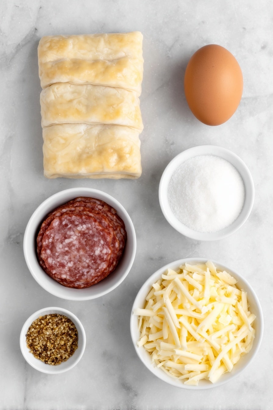 Salami and Cheese Puff Pastry Pinwheels Recipe 7 Flat lay of two sheets of pale golden puff pastry, a small white bowl of coarse ground mustard with visible mustard seeds, a small mound of chopped hard salami with deep red and white marbling, a neat pile of grated Colby Jack cheese with creamy yellow and white tones, one whole clean-shelled brown egg, and a small white bowl of clear water placed on a clean white marble surface, soft natural light, photo taken with an iPhone, professional food photography style, fresh ingredients, white ceramic bowls, no bottles, no duplicates, no utensils, no packaging --ar 2:3 --v 7 --p m7354615311229779997 - Salami and Cheese Puff Pastry Pinwheels, savory appetizer ideas, easy snack recipes, cheesy puff pastry snacks, party appetizer recipes