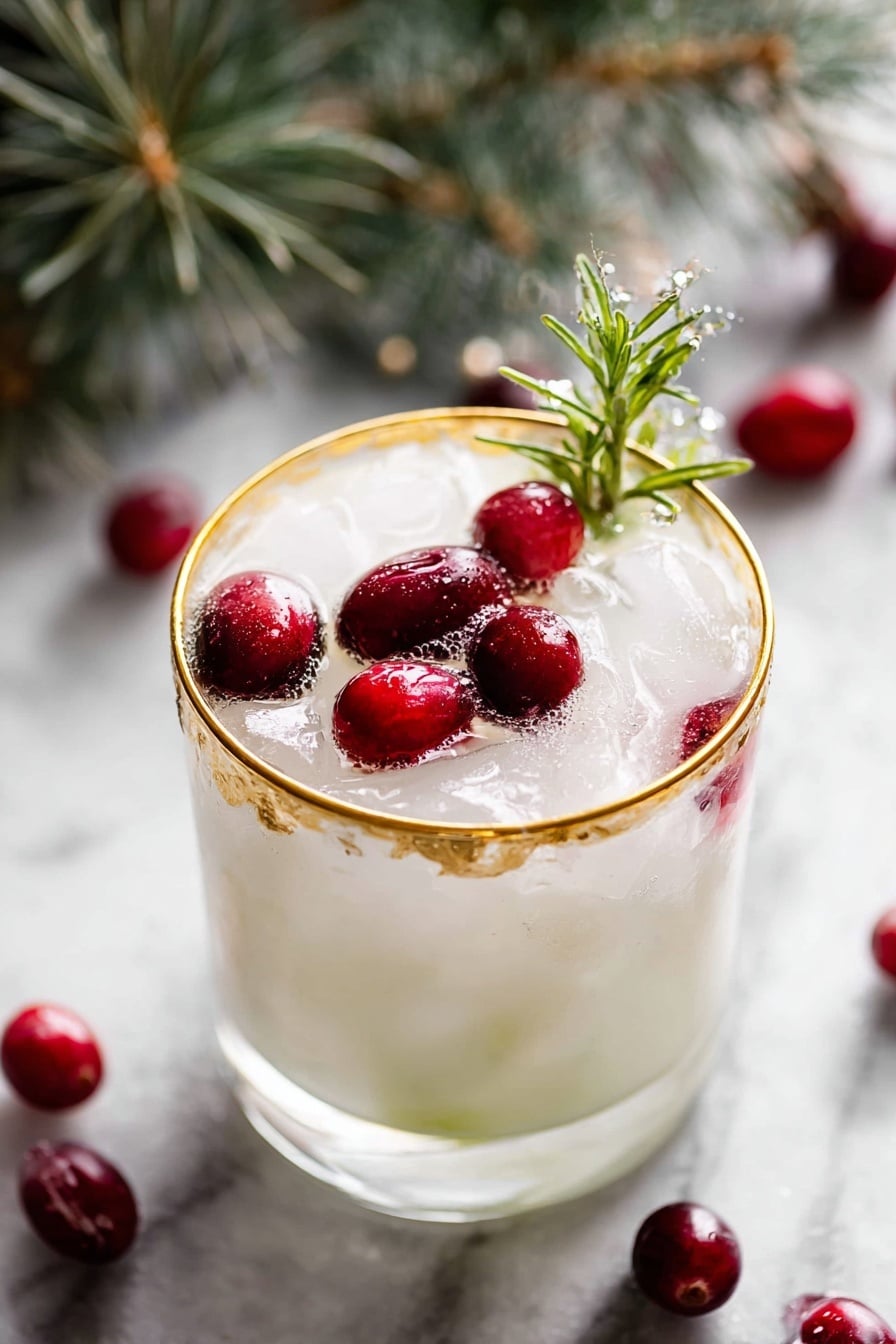 White Christmas Margarita Recipe 6 A short, clear glass with a gold rim holds a creamy white drink filled with ice cubes. Floating on top are several bright red cranberries and a small sprig of fresh green rosemary. The glass sits on a white marbled surface with scattered cranberries and green pine leaves softly blurred in the background. The overall look is fresh and festive with a crisp, cool feeling. photo taken with an iphone --ar 2:3 --v 7 - White Christmas Margarita, holiday margarita, festive cocktails, coconut lime margarita, Christmas cocktail