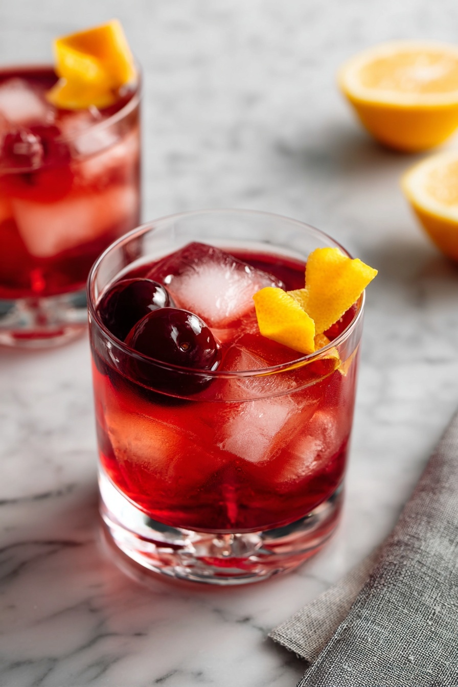 Holiday Rum Negroni with Sparkling Wine Recipe 8 A clear glass filled with a bright red drink sits on a white marbled surface. Inside the glass, large ice cubes float near the top, and there is a twist of orange peel curled above a dark cherry resting on the ice. The glass has a thick base with vertical cuts around it, giving it a textured look. In the background, there is a second similar glass with the same drink slightly out of focus and a white bowl with cherries on the right side. A soft grey cloth is placed on the left side of the marble surface. The background is plain and bright. photo taken with an iphone --ar 2:3 --v 7 - Holiday Rum Negroni with Sparkling Wine, festive cocktail, holiday Negroni with sparkling wine, holiday cocktail recipes, winter cocktail ideas