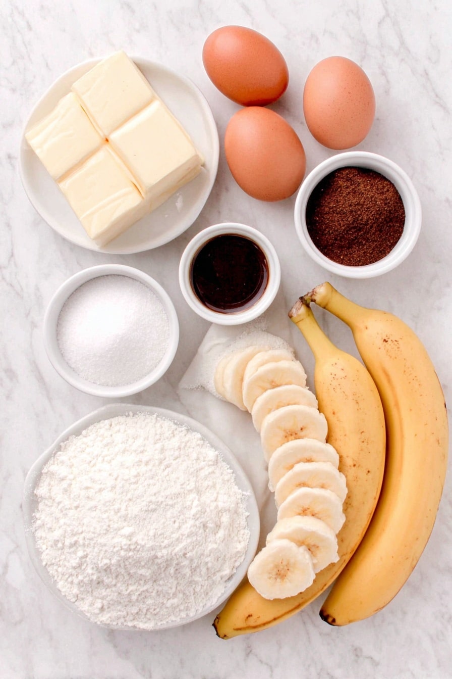 Cinnamon Swirl Banana Bread Recipe 7 Flat lay of a few sticks of unsalted butter, a small white bowl of granulated sugar, two whole brown eggs with clean shells, a small white bowl of vanilla extract, a small mound of all-purpose flour on a white ceramic plate, a small white bowl of baking soda, three ripe whole bananas with a peeled half showing soft flesh, a small white bowl with a mixture of dark brown sugar and ground cinnamon, six thin slices of ripe banana arranged neatly on a white ceramic plate, placed on a clean white marble surface, soft natural light, photo taken with an iPhone, professional food photography style, fresh ingredients, white ceramic bowls, no bottles, no duplicates, no utensils, no packaging --ar 2:3 --v 7 --p m7354615311229779997 - Cinnamon Swirl Banana Bread, banana bread with cinnamon swirl, easy banana bread recipe, moist banana bread, flavorful cinnamon banana bread