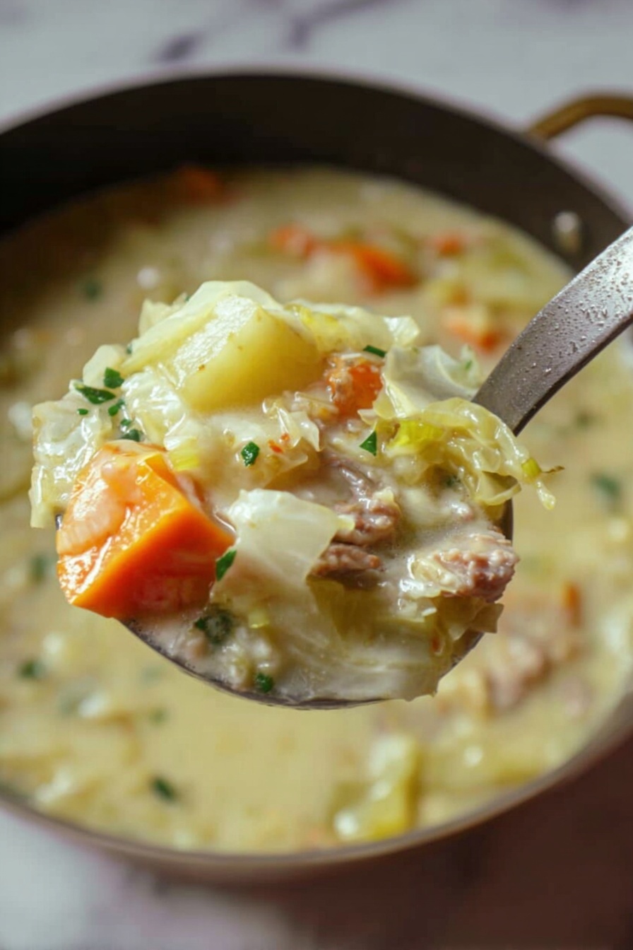 Traditional Scotch Broth with Lamb Recipe 8 The image shows a close-up of a metal ladle filled with a thick soup. The soup has a creamy texture with visible pieces of yellow cabbage, orange carrot slices, light chunks of meat, and some small bits of green herbs. The colors are soft and natural, with the vegetables sitting in a pale, creamy broth. The ladle is held just above a surface with a white marbled texture in the background. photo taken with an iphone --ar 2:3 --v 7 - Traditional Scotch Broth with Lamb, Scotch Broth with Lamb, hearty Scottish soup, lamb and barley soup, comforting Scottish dish
