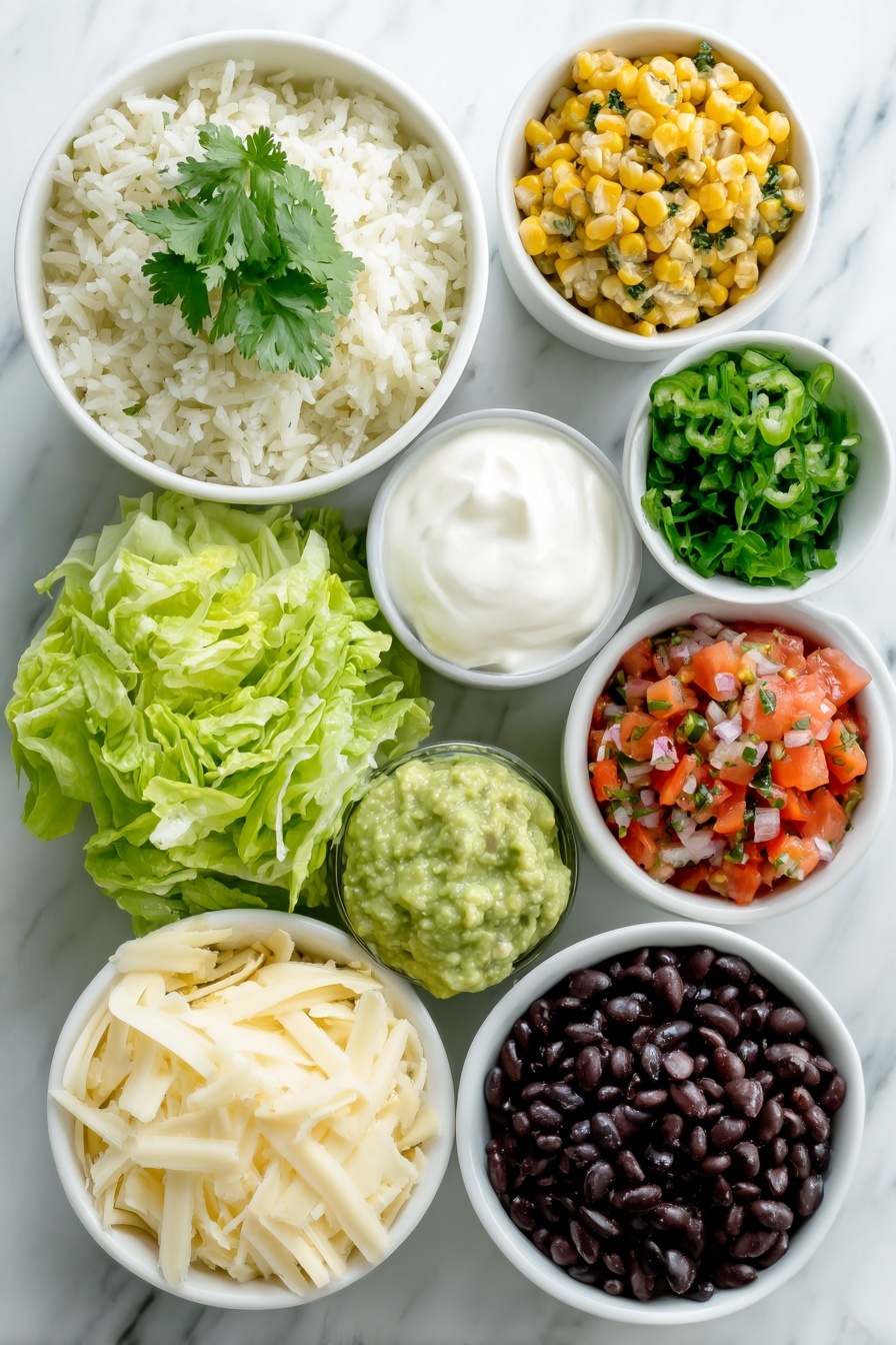 Copycat Chipotle Burrito Bowl Recipe 7 Flat lay of a simple white ceramic bowl of fluffy cilantro lime rice garnished with fresh green cilantro leaves, a small white bowl filled with golden yellow corn salsa with visible corn kernels and bits of red and green peppers, a small white bowl of glossy black beans, a neat pile of bright green shredded romaine lettuce, a small mound of shredded creamy Monterey Jack cheese, a small white bowl of smooth green chipotle guacamole with a hint of red chipotle flakes, a small white bowl with thick white sour cream, lime wedges with vibrant green skin and juicy pale green flesh arranged in a fan, a small white bowl of chunky fresh tomato salsa with red tomato pieces, finely chopped purple-red onion, green cilantro, and small green jalapeño pieces, all set with perfect symmetry on a clean white marble surface, soft natural light, photo taken with an iPhone, professional food photography style, fresh ingredients, white ceramic bowls, no bottles, no duplicates, no utensils, no packaging --ar 2:3 --v 7 --p m7354615311229779997 - Copycat Chipotle Burrito Bowl, homemade burrito bowl, Chipotle style meal, Mexican-inspired bowl recipe, easy burrito bowl
