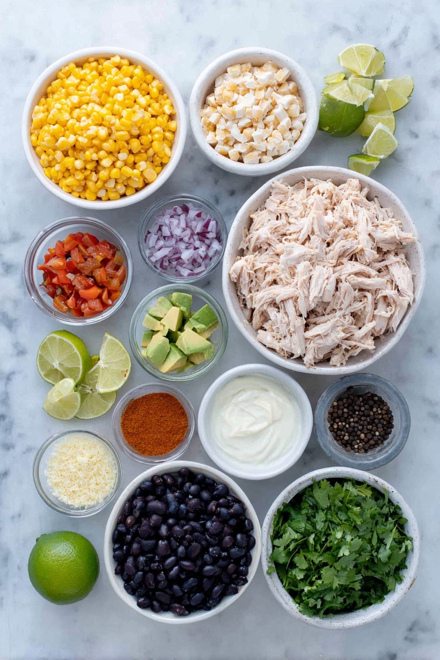 Southwest Chicken Salad Recipe 7 Flat lay of shredded rotisserie chicken, bright yellow fresh corn kernels, glossy black beans, finely diced red bell pepper, finely diced red onion, chopped fresh cilantro, a small diced avocado, a halved lime with visible juice, small white bowls of creamy mayonnaise, vibrant red hot sauce, ground cumin powder, smoked paprika powder, salt crystals, black peppercorns placed on a clean white marble surface, soft natural light, photo taken with an iPhone, professional food photography style, fresh ingredients, white ceramic bowls, no bottles, no duplicates, no utensils, no packaging --ar 2:3 --v 7 --p m7354615311229779997 - Southwest Chicken Salad, Southwest Chicken Salad Ingredients, Southwest Chicken Salad Ideas, Southwest Chicken Salad Healthy, Easy Southwest Chicken Salad