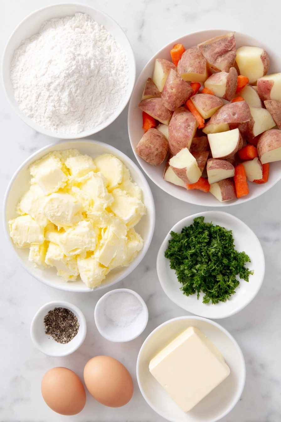 Creamy Potato Soup with White Sauce Recipe 7 Flat lay of diced russet potatoes, diced orange carrots, a single peeled and mashed garlic clove, a small bunch of fresh chopped parsley, a stick of butter, a small mound of all-purpose flour, a few whole brown eggs with clean shells, small white ceramic bowls each containing kosher salt, black pepper, and whole milk, placed on a clean white marble surface, soft natural light, photo taken with an iPhone, professional food photography style, fresh ingredients, white ceramic bowls, no bottles, no duplicates, no utensils, no packaging --ar 2:3 --v 7 --p m7354615311229779997 - Creamy Potato Soup with White Sauce, comforting potato soup, velvety potato soup recipe, easy creamy potato soup, white sauce potato soup