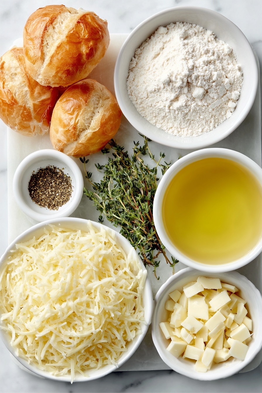 Cheesy French Onion Soup with Baguette Recipe 7 Flat lay of a small pool of golden olive oil, a pat of creamy butter, five large yellow onions thinly sliced, a small mound of fine all-purpose flour, three peeled garlic cloves finely minced, a small white ceramic bowl filled with pale dry white wine, a medium white bowl of rich beef broth, a fresh sprig of green thyme, a scattering of coarsely ground black pepper, a glossy bay leaf, a few demi French baguette slices with rough crusts, a dollop of soft butter, a light dusting of garlic powder, a neat pile of thickly shredded pale yellow Gruyere cheese, all arranged symmetrically on a simple white ceramic platter and bowls, placed on a clean white marble surface, soft natural light, photo taken with an iPhone, professional food photography style, fresh ingredients, white ceramic bowls, no bottles, no duplicates, no utensils, no packaging --ar 2:3 --v 7 --p m7354615311229779997 - Cheesy French Onion Soup with Baguette, French onion soup recipe, cheesy onion soup, caramelized onion soup, homemade French onion soup